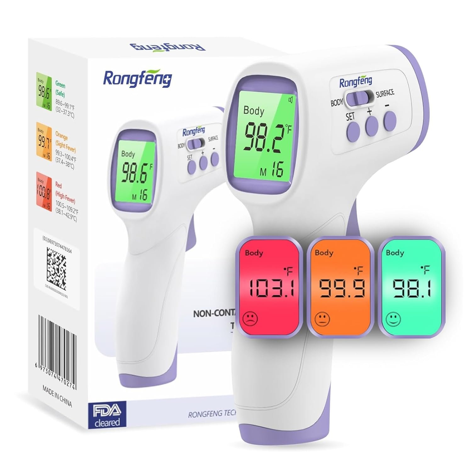 No-Touch Forehead Thermometer for Adults and Kids, Digital Thermometers with Fever Alarm, 3 Backlit and 32 Memories Fast Accurate Results, Easy for All Ages, Basal Thermometer