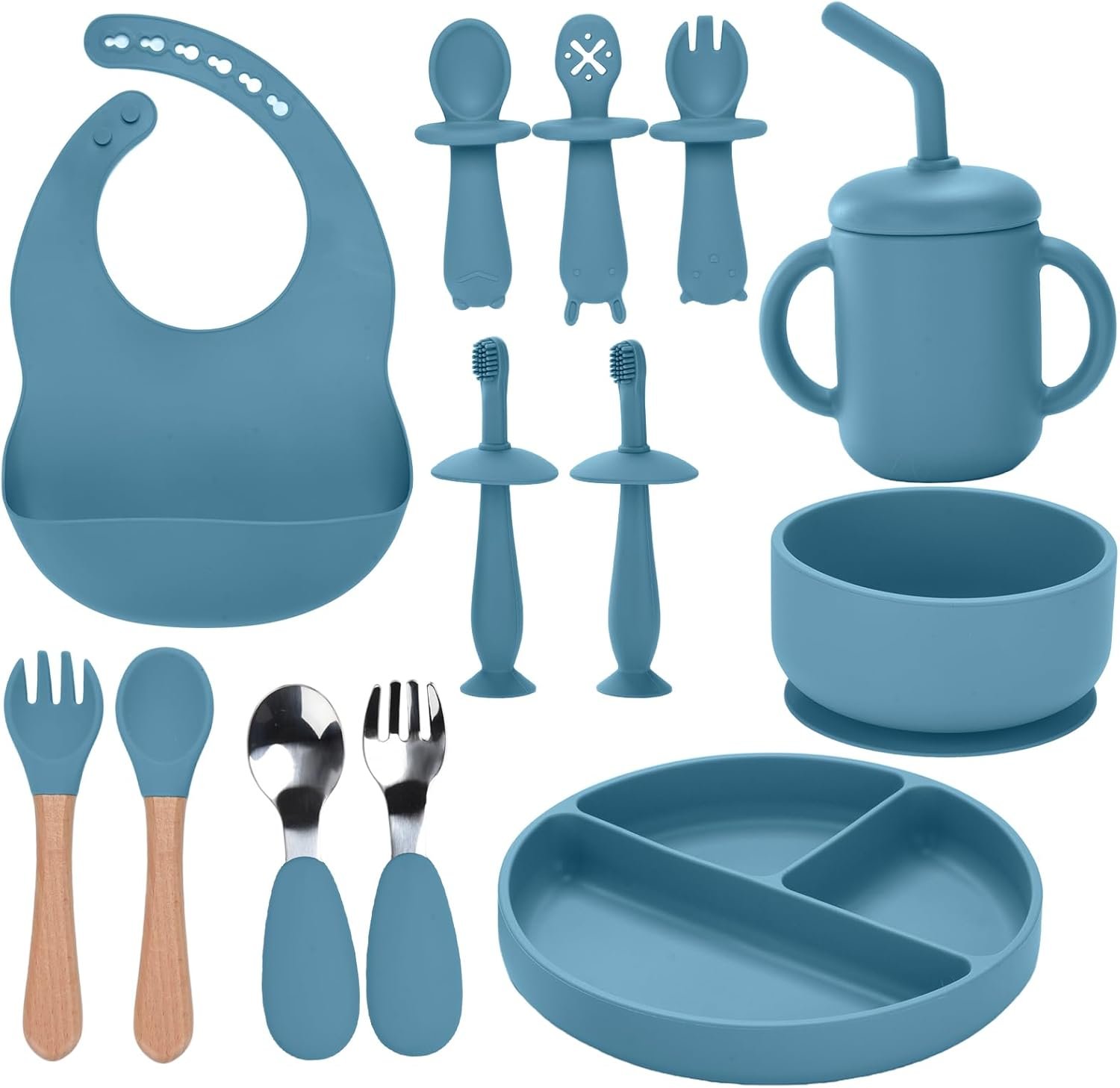 Silicone Feeding Set, 13PCS Baby Feeding Essentials with Suction Bowl & Plate, Spoons & Forks, Bib & Cup, Toothbrush, Baby Led Weaning Supplies for 6+ Months, Eating Essentials (Blue)