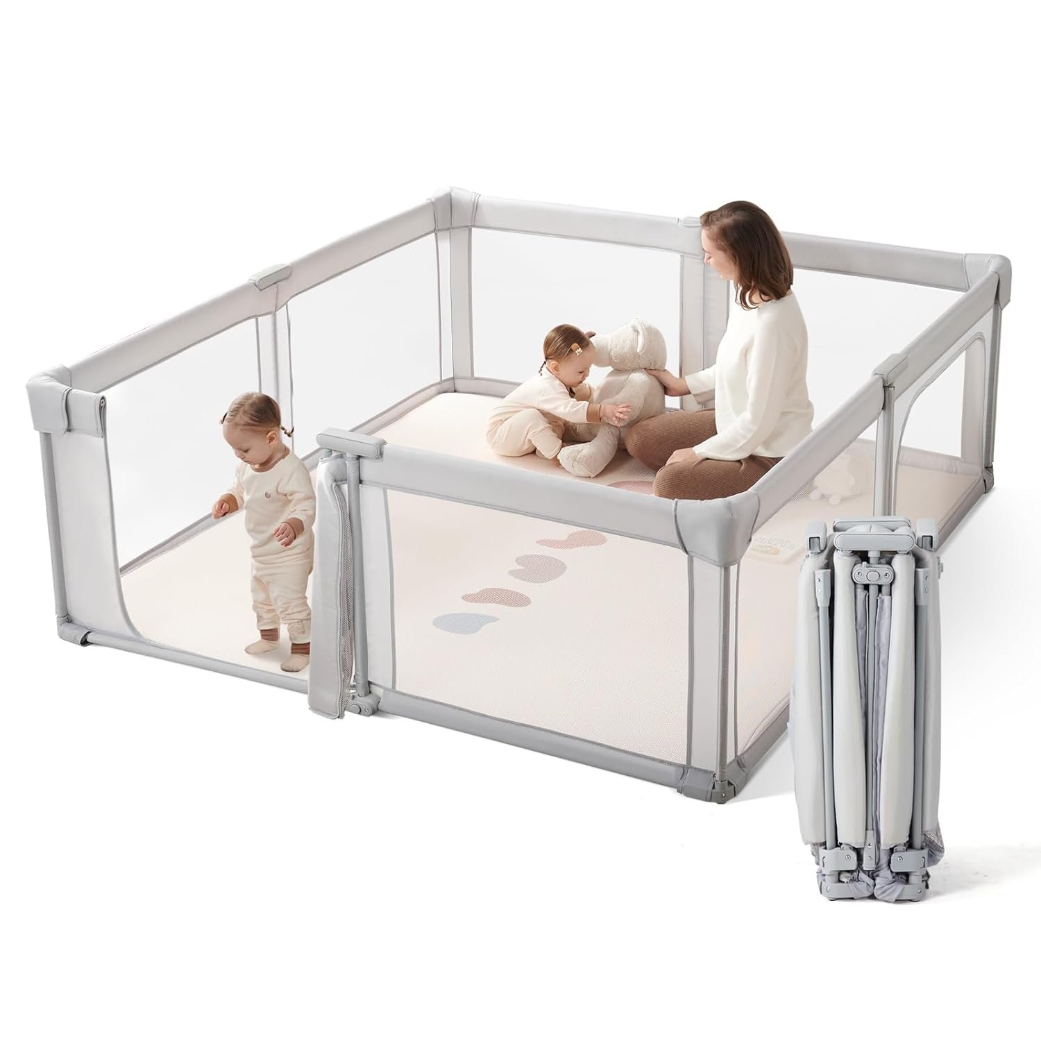 Baby Playpen Portable, Pre-Assembled Play Pen 71×79 Large Foldable Playpen for Babies and Toddlers, Sturdy and Safe Toddler Play Yard Indoor Outdoor with Carry Bag, Grey