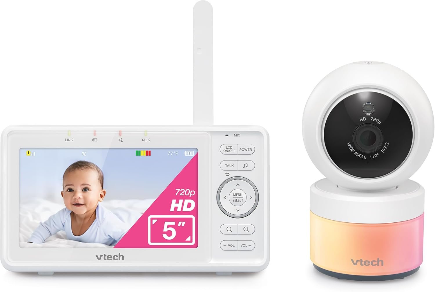 VTech Video Baby Monitor with Camera and Audio, 5″ HD LCD Screen, Pan-Tilt-Zoom, 2-Way Talk, VOX Mode, Night Lights, Lullabies, Soothing Sounds, Temperature sensor, Long Range, No WiFi: VM5263 (White)