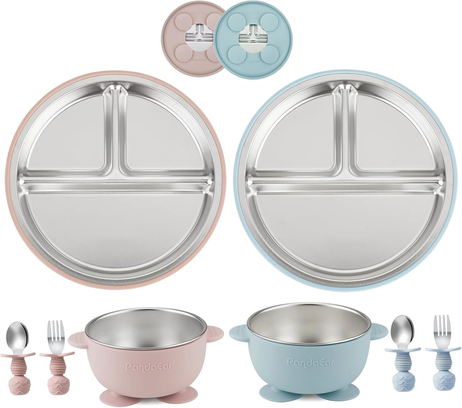 PandaEar 8PCS Baby Feeding Set | Stainless Steel Suction Plates and Bowls with Silicone Fork and Spoon Utensils | Baby Led Weaning Tableware for Toddlers & Kids (Pink & Blue)