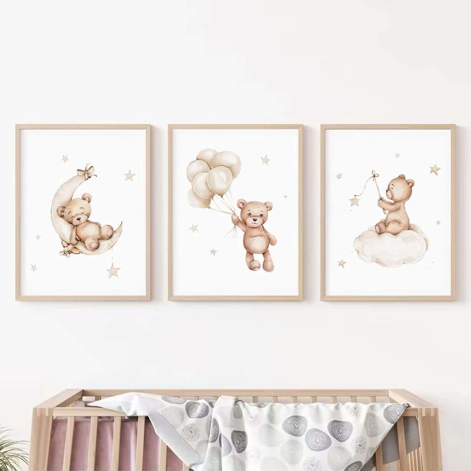 Baccone Bear Nursery Wall Art Decor Set of 3 Teddy Bear Canvas Wall Art Baby Boy Nursery Decor Prints Neutral Pictures Moon Star Cloud Print for Girls Children Room 12×16 Inch Unframed