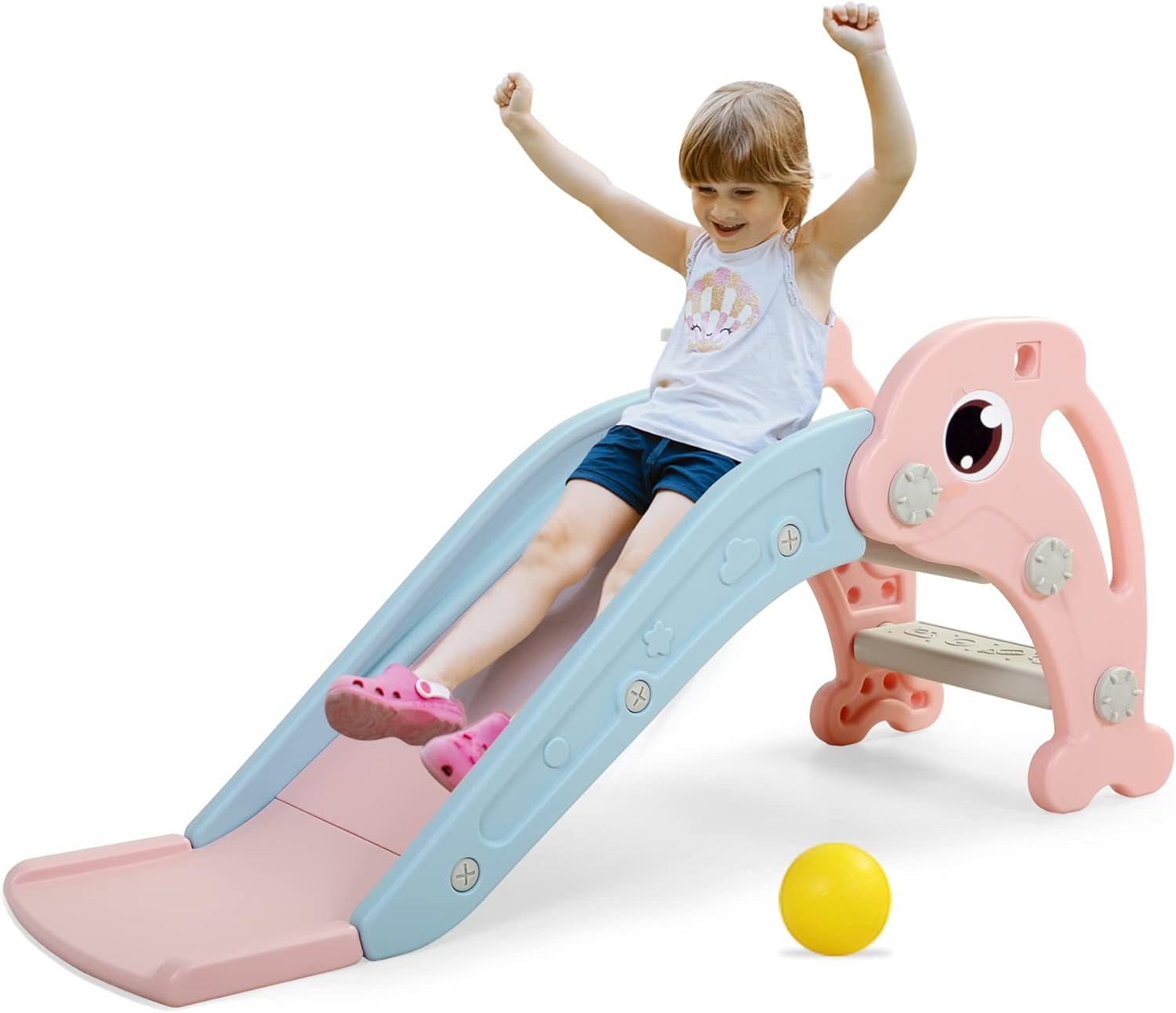 NYEEKOY 3 in 1 Toddler Slide, Baby Slide Climber Playset with Basketball Hoop and Ball, Indoor and Outdoor Playground for Kids