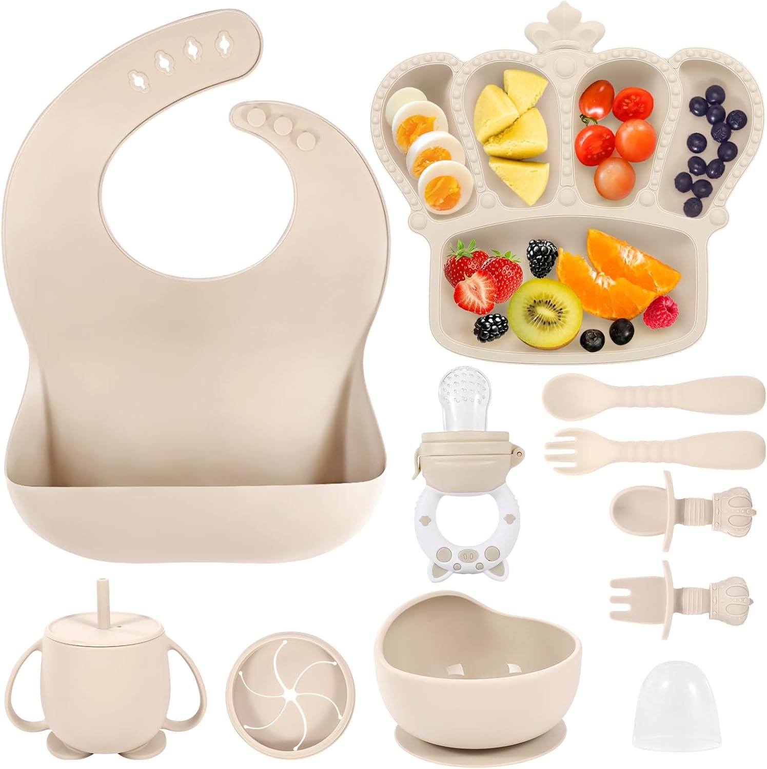 Silicone Baby Feeding Set 10 Pcs Baby Led Weaning Supplies Suction Bowl Divided Plate Baby Bibs Fruit Feeder Baby Spoons Forks Sippy Cup Toddler Utensil Sets Baby Essentials for Newborn Gift
