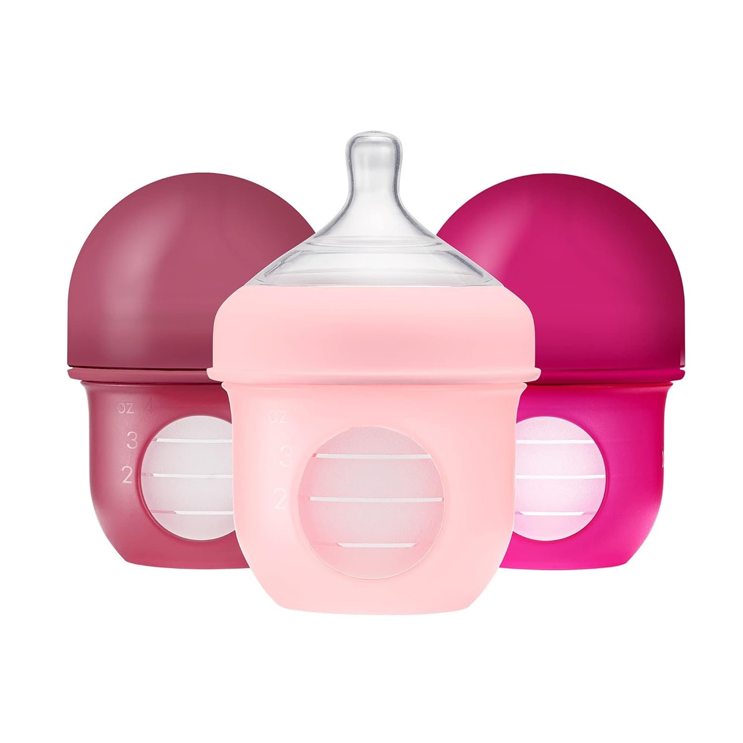Boon Nursh Reusable Silicone Pouch Baby Bottles – Slow Flow Nipple – Silicone Baby Bottle Pouch and Nipple – Baby Feeding Essentials – Pink – 0-3 Months – 3 Count – 4 Ounce