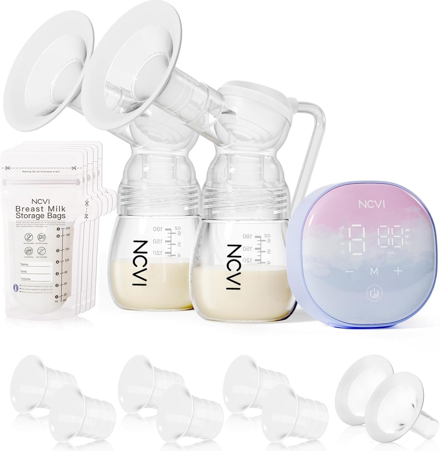 NCVI Double Electric Breast Pump 8122, Portable Milk Breastfeeding Pump with 4 Modes 9 Levels, Hospital-Grade Suction 280mmHg with 17/19/21/24mm Flanges for Home, Office and Travel, USB Rechargeable