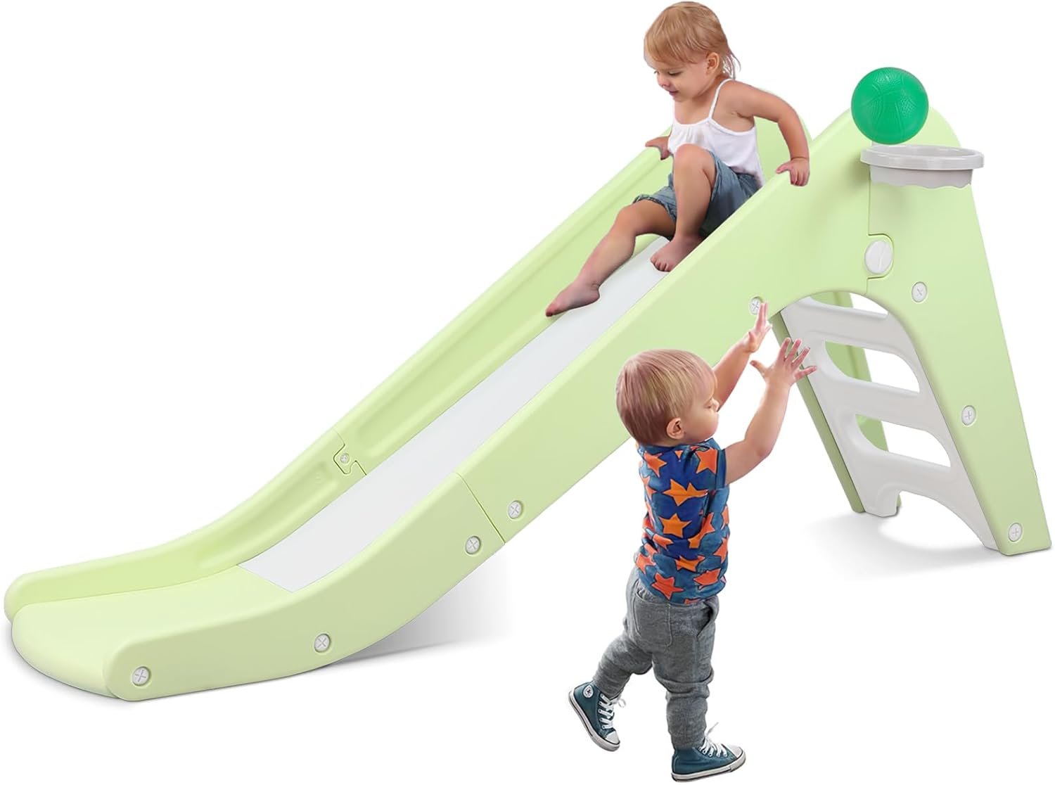 Arlopu Toddler Slide, Baby Indoor Foldable Slide with Basketball Hoop & Ball, 63″ Extra Long Slope, Non-Slip Steps, Sturdy Plastic Outdoor Climber Playset for Boys and Girls (Light Green)