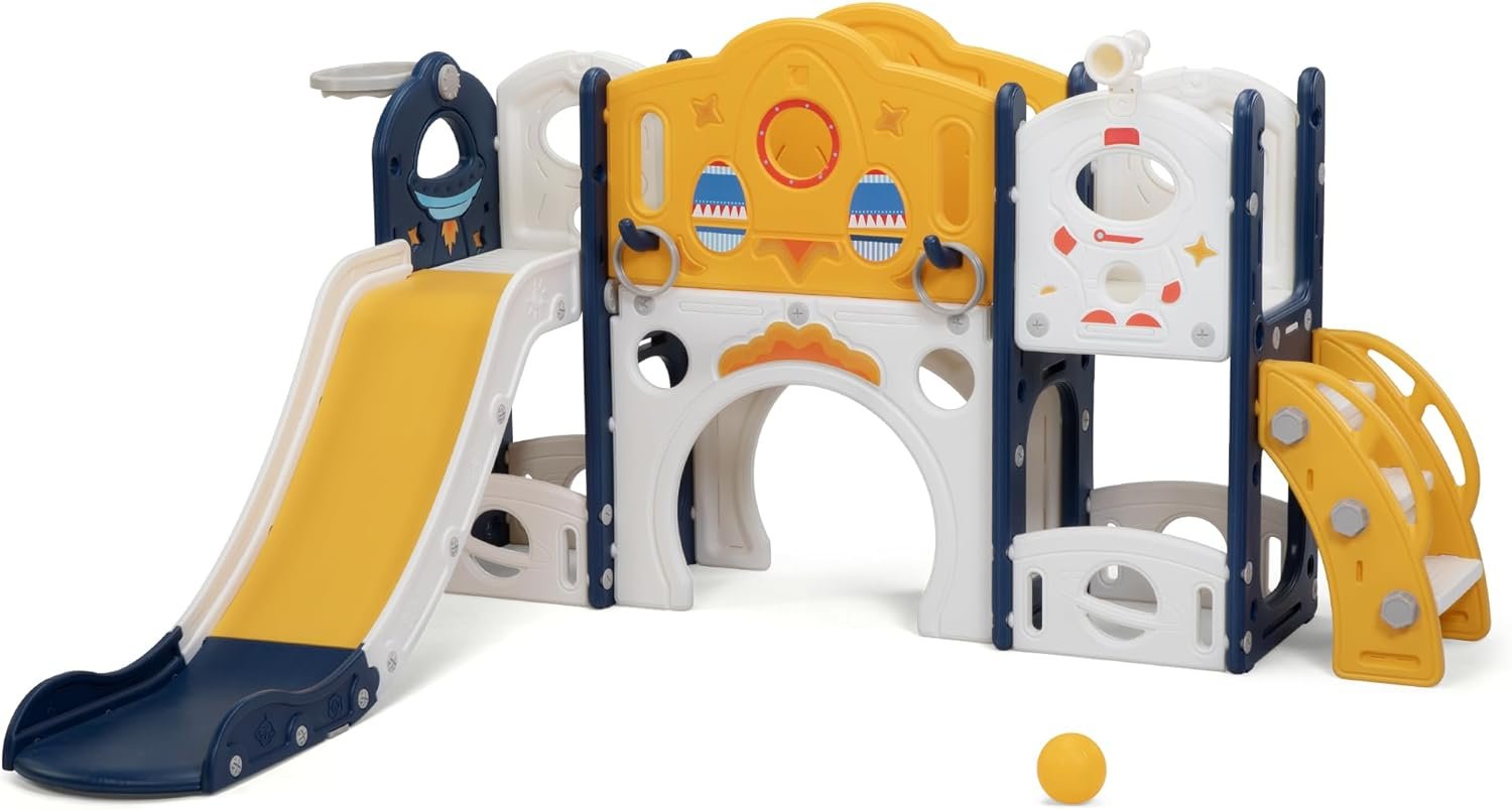 NYEEKOY 9 in 1 Toddler Slide and Climber Playset, Indoor Outdoor Kids Slide with Basketball Hoop, Telescope, Ring-toss and Storage Space