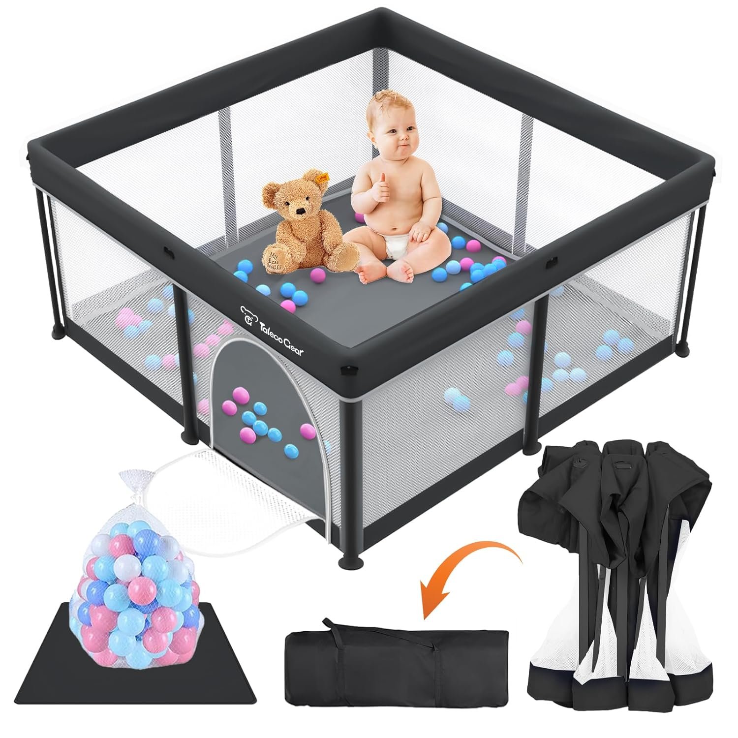 Taleco Gear Foldable Baby Play Pen with Mat, 50”x50” Playpen for Babies and Toddlers, Playpen for Baby with Gate, Breathable,Foldable Travel Play Pen with 50 Ocean Balls