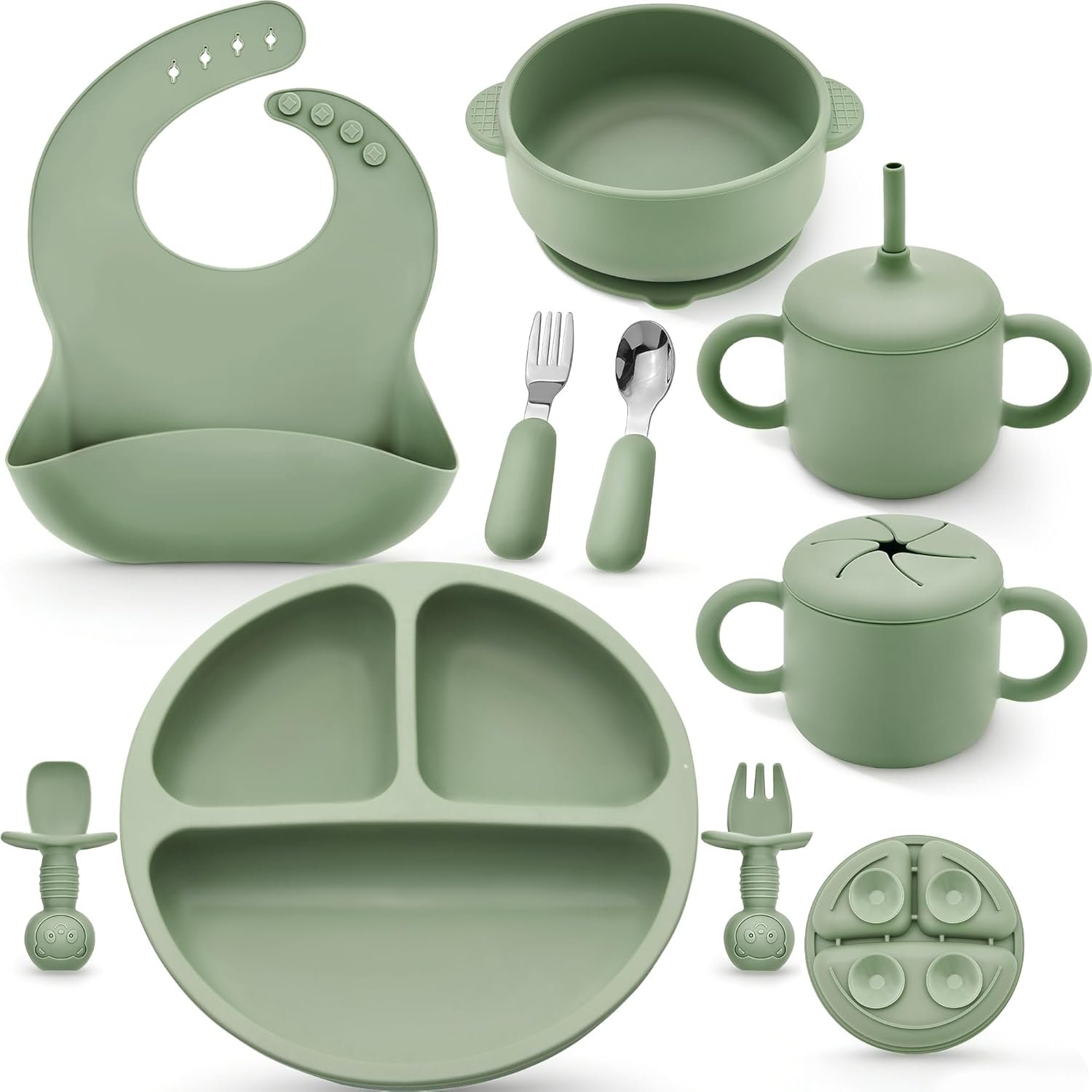 Bufims Silicone Baby Feeding Set, Baby Led Weaning Supplies, Eating Essentials Utensils with Suction Plate and Bowl, Pocket Bib, Sippy Cup with Lid, Forks Spoons Snack Container, for 6+ Months, Green