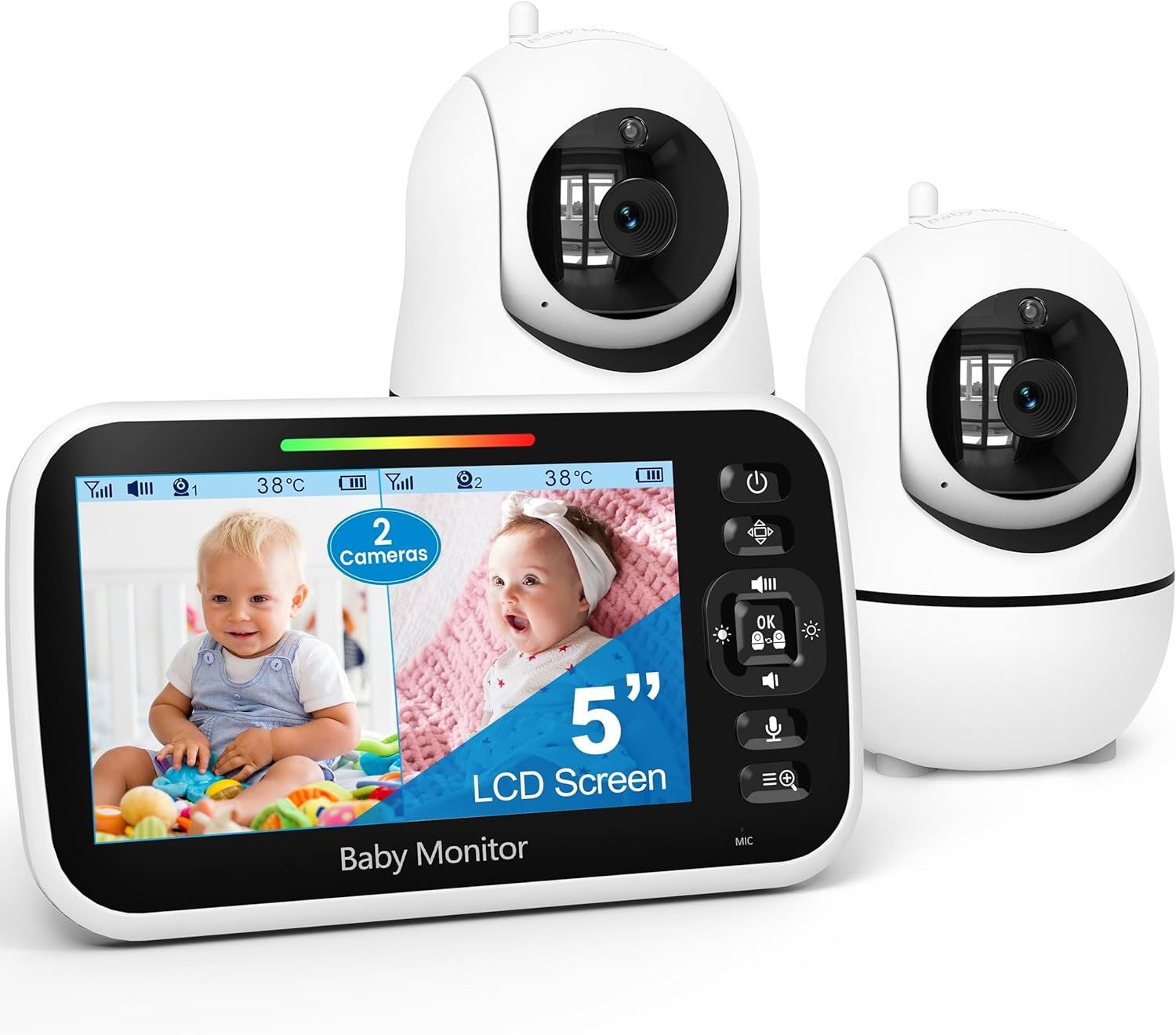 GoodBaby 5″ Split Screen Baby Monitor with 2 Cameras and Audio, No WiFi Secure FHSS, 30-Hour Battery, Remote PTZ, Auto Night Vision, Room Temperature, Two-Way Audio，Lullabies，1000ft Range