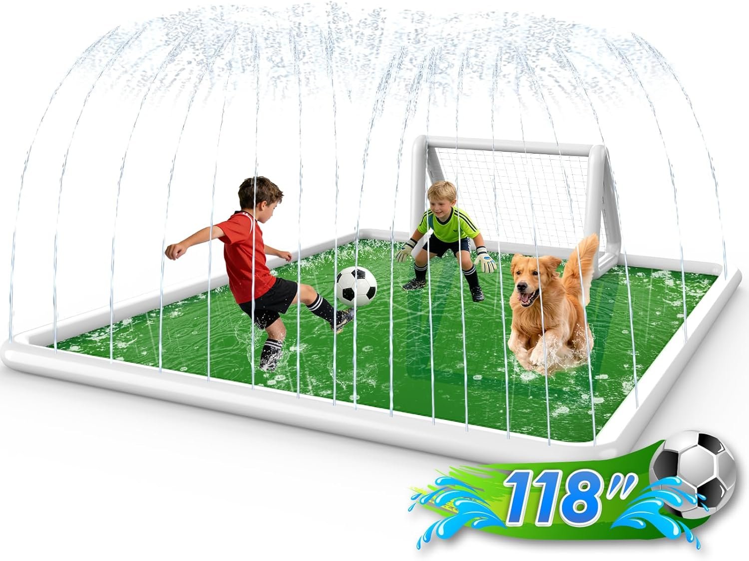 EPN Splash Pad for Kids & Dogs, 118 x138 Extra Large Thicker & Non-Slip Sprinkler Pad, Outdoor Water Toy with Soccer Goal & Ball, Backyard Play Mat Splash Pool for Lawn Garden Summer Fun Age 4-12