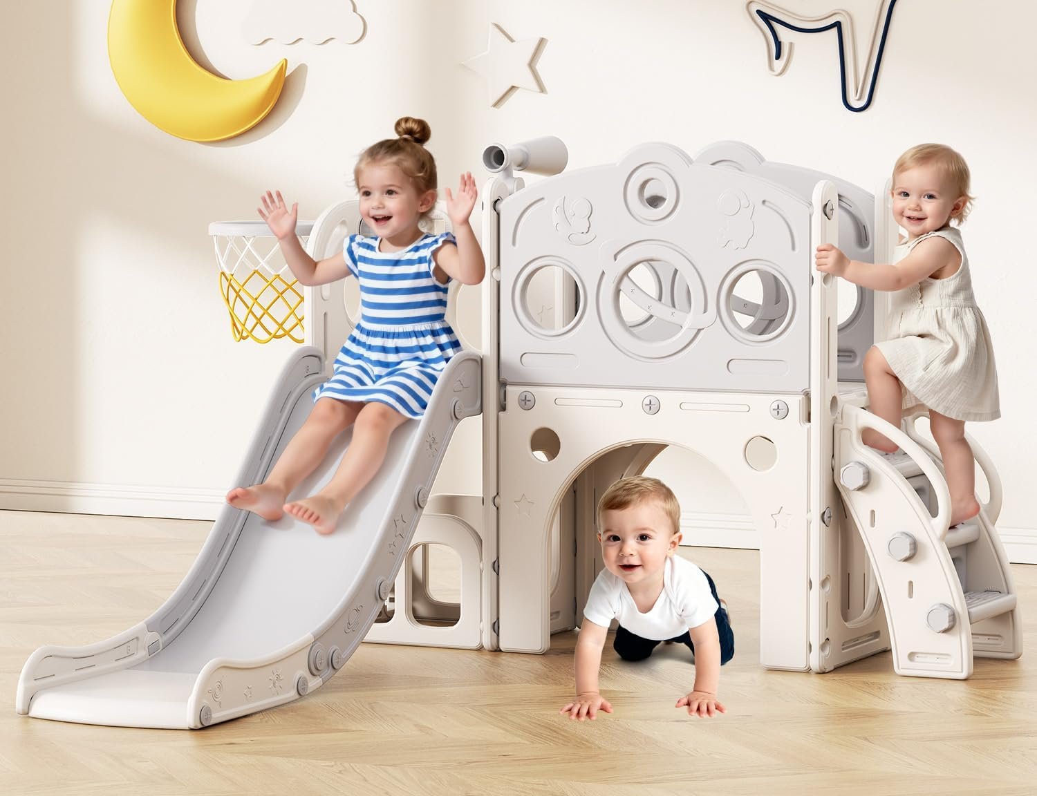 Babytronic Toddler Slide, 8 in 1 Kids Slide with Basketball Hoop, Telescope and Climber, Baby Slide Toddler Playground, Indoor Outdoor Playset for Toddlers Age 1-3, Kids Indoor Playground (White&Gray)