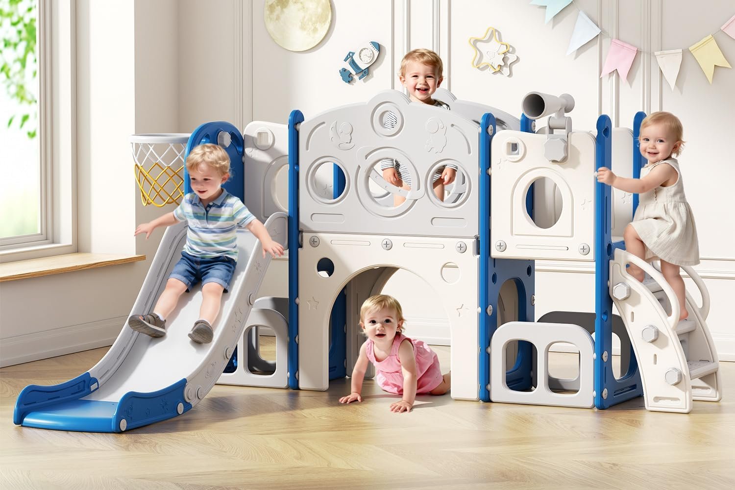 Babytronic Toddler Slide Set, 8 in 1 Kids Slide, Indoor Outdoor Slide for Toddlers Age 1-3, Toddler Playset with Basketball Hoop and Tunnel, Toddler Indoor Outdoor Playground, Blue&Grey