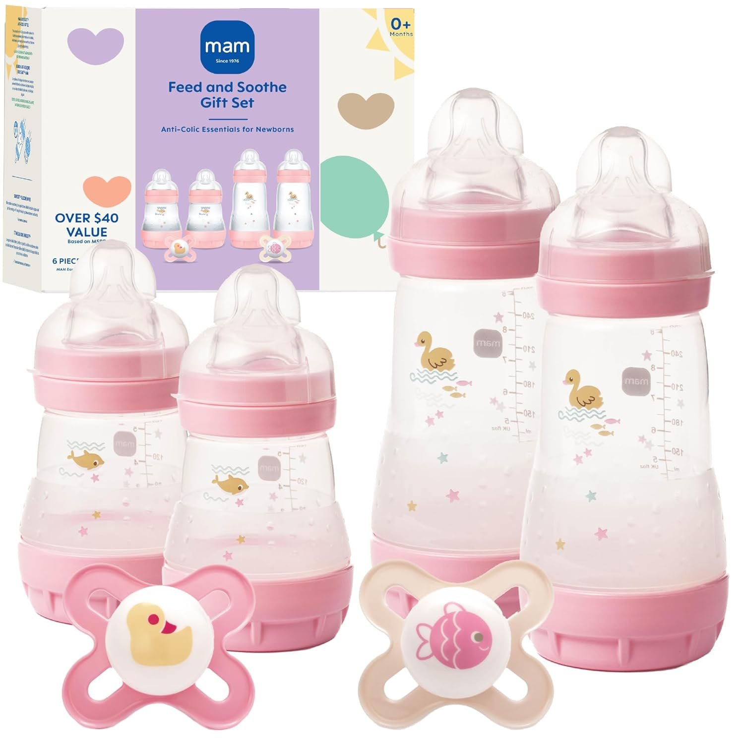 MAM Easy Start Anti-Colic Baby Bottle Starter Set – 4 Self Sterilizing Bottles (5oz & 9oz) + 2 Newborn Pacifiers Breastfed Baby Feeding Gift Set
