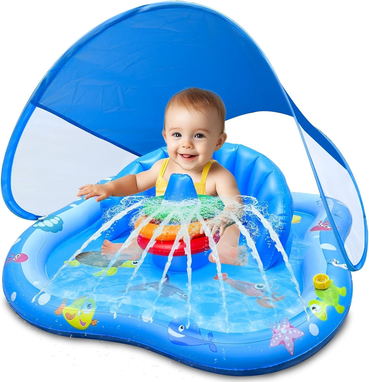 iGeeKid Baby Play Mat with Sprinkler, Inflatable Baby Pool Float with Canopy Backrest & Stackable Rings Water Sprinkler for Kids, Outdoor Water Play Toys for Toddlers Backyard Swimming Water Games