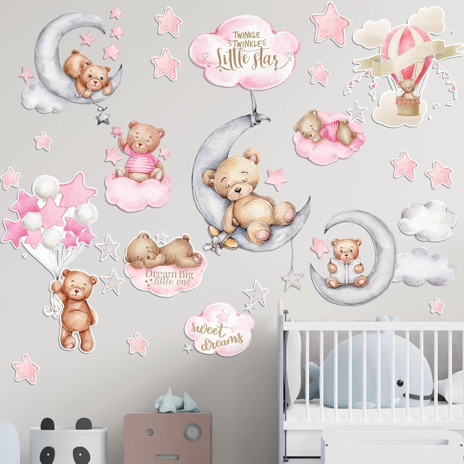 Yinder Pink Bear Wall Decals (12 Sheets, 78 Pcs) – Highland Cow, Clouds, Balloon Decor for Kids Nursery Room, Bedroom, Living Room, Classroom Decor