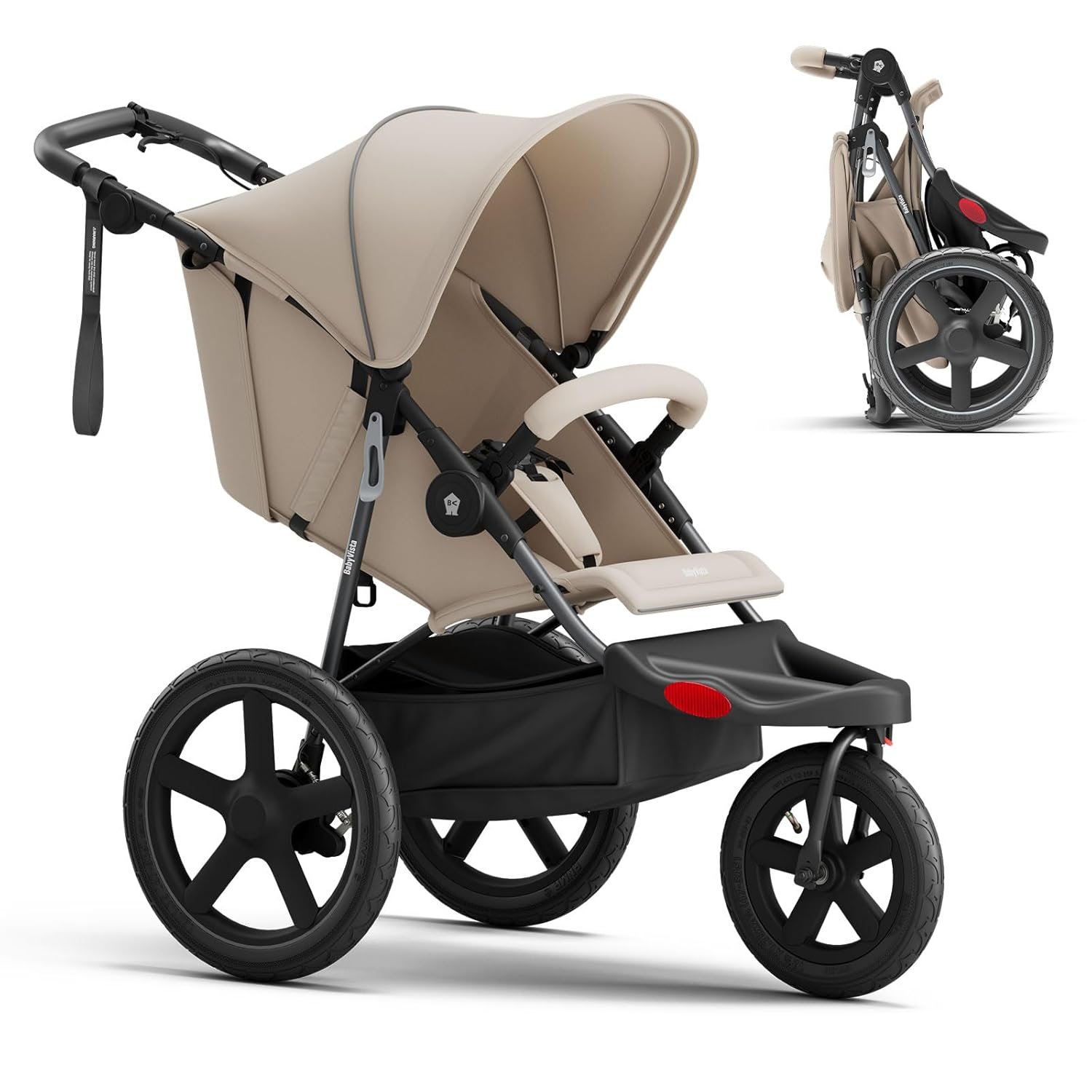 Jogging Stroller, All-Terrain Frame, 12″/16″ Inflatable Tires with Angled Valve, Disc Hand Brake & Foot Brake, Adjustable Handlebar, Foldable Jogger Stroller for Babies & Toddlers, Khaki