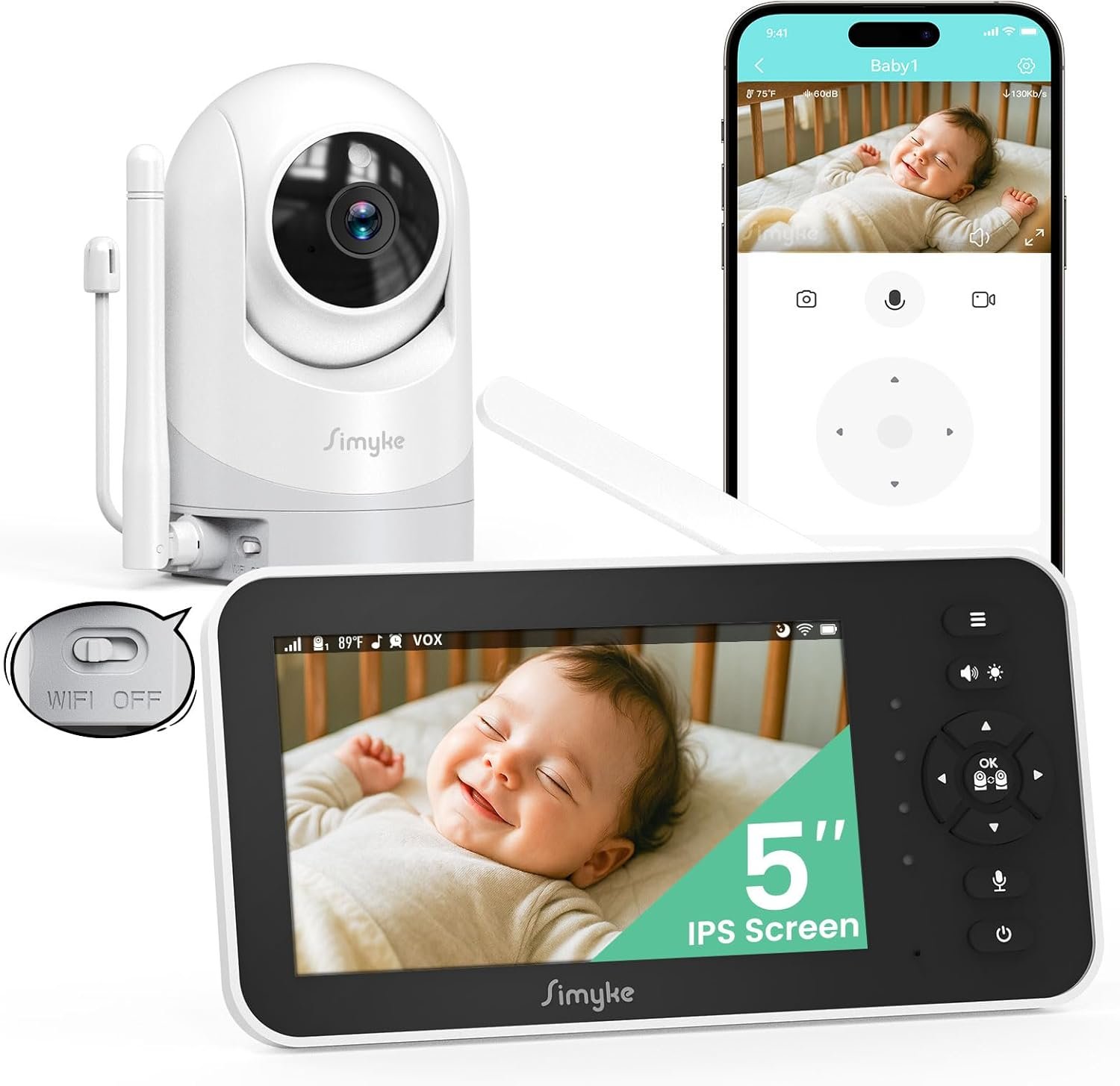 Simyke Video Baby Monitor with Camera and Audio,5” Screen,720P,No Wifi or Free App Mode,Pan-Tilt-Zoom,Lullabies,Feeding Remind,Night Vision,VOX/ECO,2-Way Talk,1500ft Long Range,Easy Setup,30H Battery