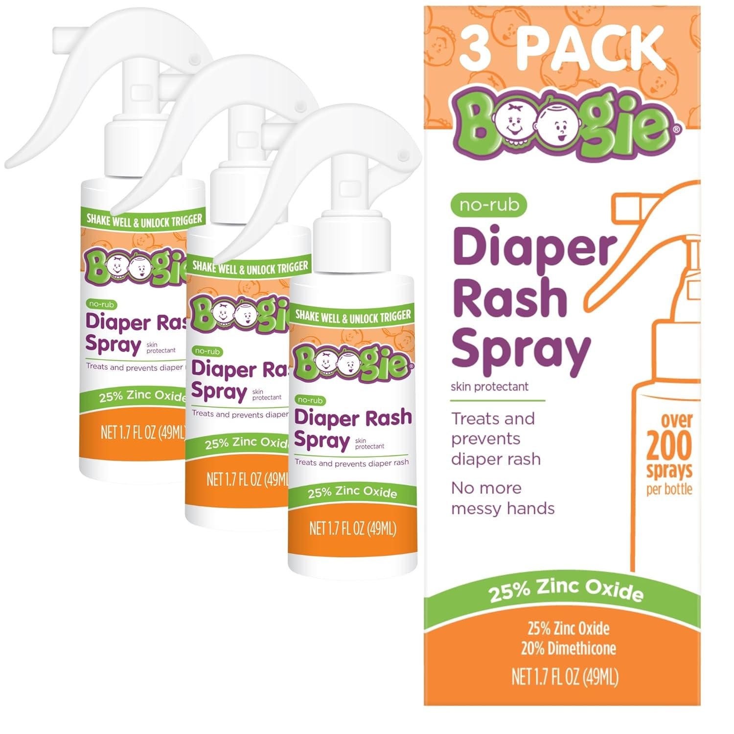 Boogie No-Rub Diaper Rash Spray – (3 Pack) 1.7 fl oz – Diaper Cream Spray for Infants and Babies – Touch-Free Application – Baby Essentials