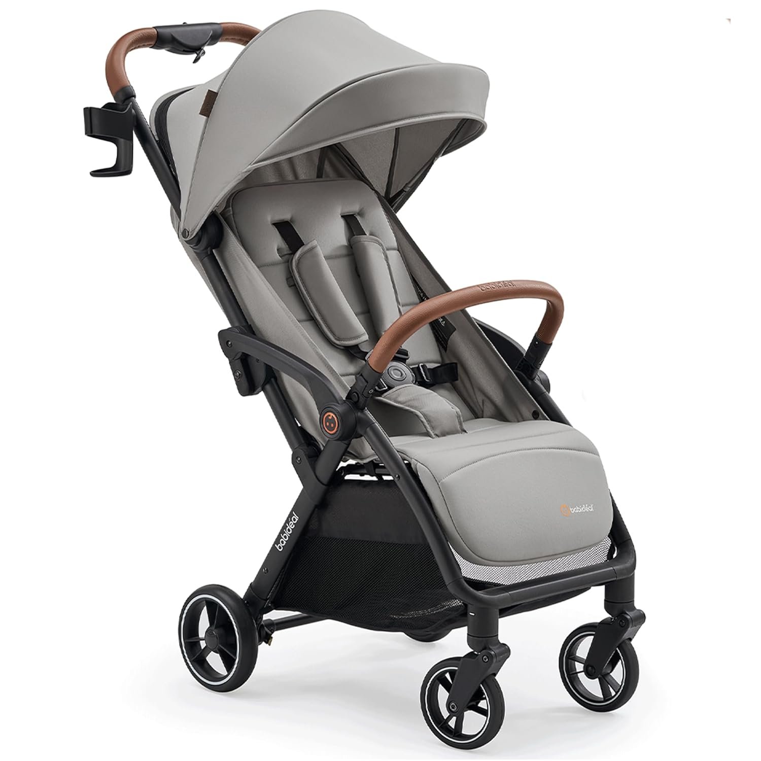 Babideal Lightweight Travel Stroller for Baby, Self-Folding Toddler Stroller with Large Canopy, Full-Reclining Seat, Cup Holder Included – Newborn to 50lbs. (Grey)