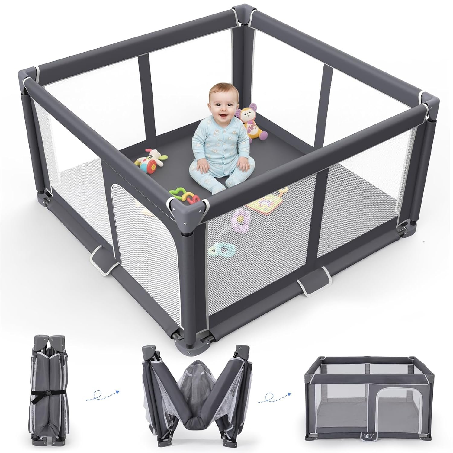 Foldable Baby Playpen – 50″x50″ Safety Play Yard for Babies & Toddlers – Indoor & Outdoor Use with Carry Bag – Collapsible, Portable Play Yard, Dark Gray