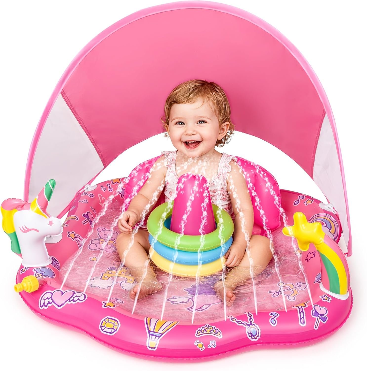 Baby Pool Float with Sprinkler, Inflatable Baby Splash Pad with Stackable Rings Game, Baby Splash Mat with Canopy & Backrest for Toddlers Garden, Beach, Backyard and Bathroom (Pink)