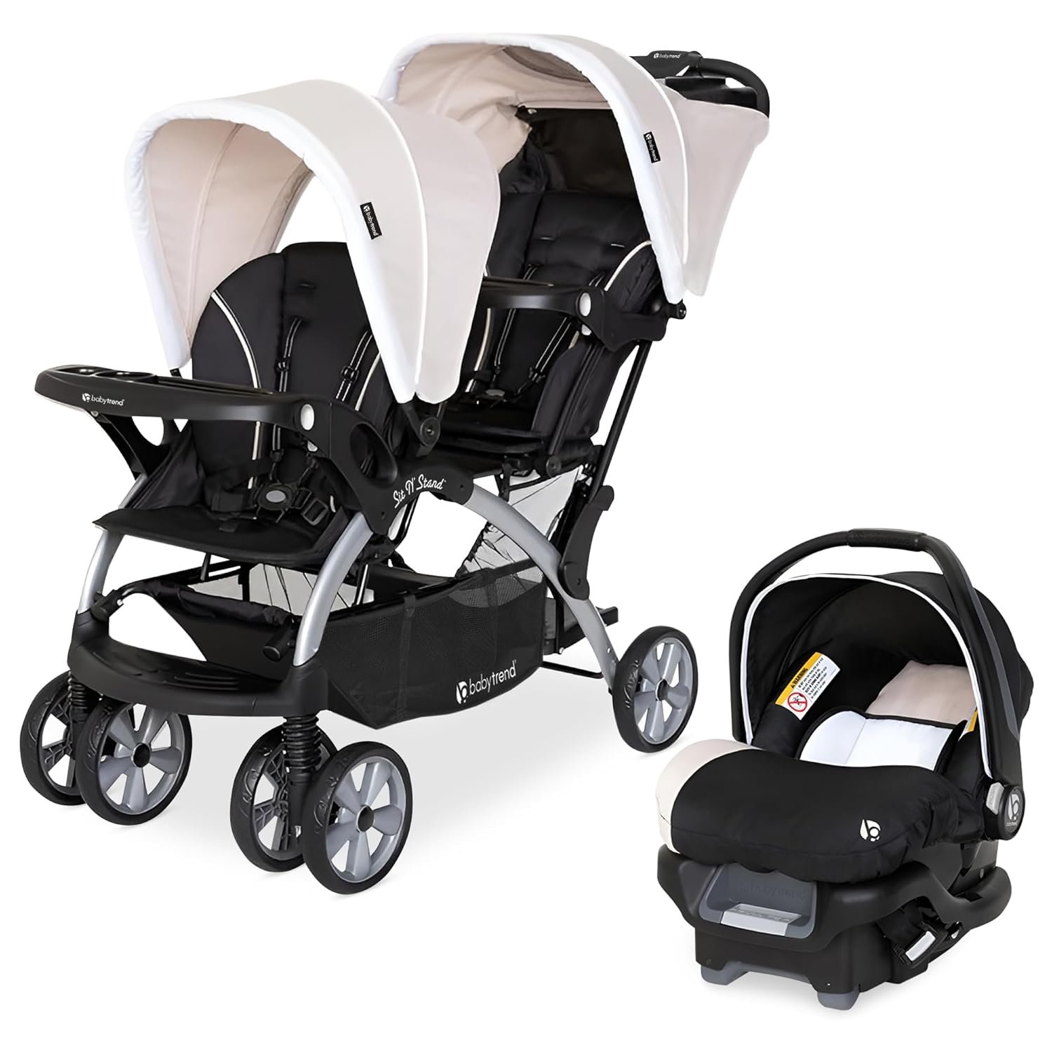 Baby Trend Infant and Toddler Double Stroller & Car Seat Combo, 2 Pc Set, Khaki – Portable and Lightweight Stroller Duo and Car Seat Travel System Tandem