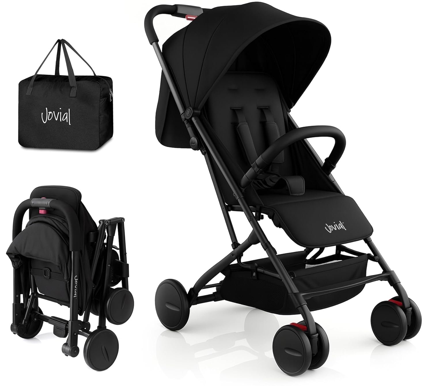 Jovial Lightweight Baby Stroller, Folding Travel Stroller with Reclining Seat, Canopy, 5-Point Safety Harness, Storage Basket, Smooth Wheels, Compact Portable Design (39.8″ x 18.7″ x 32.3″)