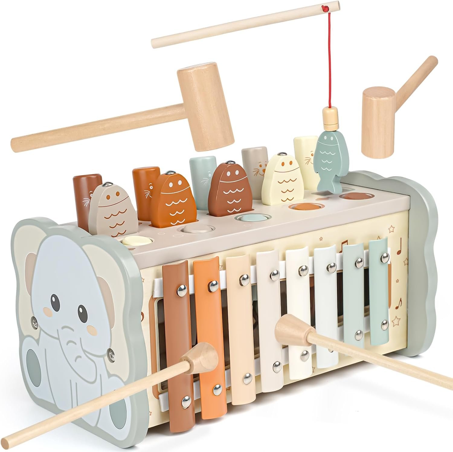 Joyreal Wooden Montessori Toys for 1 Year Old – Hammering Pounding Toy with Xylophone & Fishing Game – Educational Toddler Activities for 1 2 3 Year Old Christmas Birthday Gifts