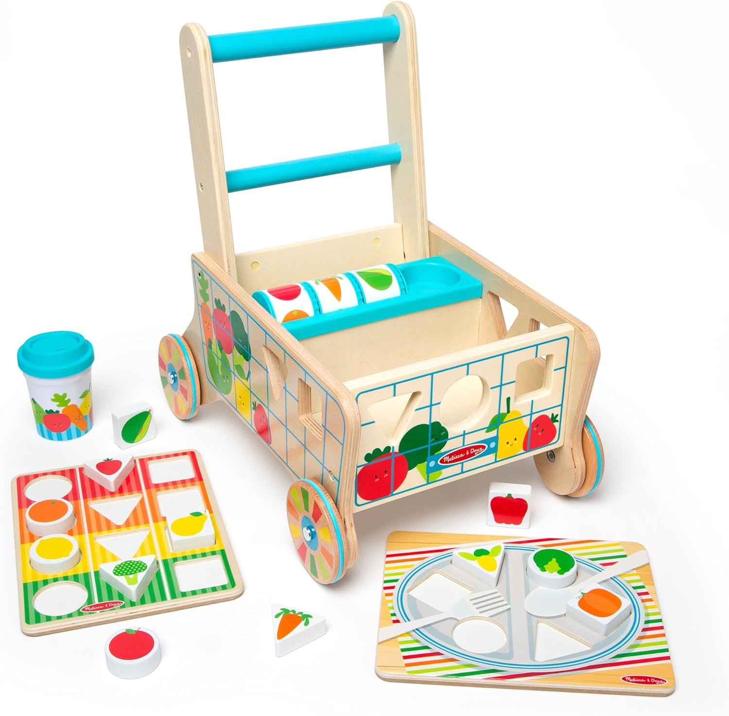 Melissa & Doug Wooden Shape Sorting Grocery Cart – Toddler Toys with 12 Blocks, Puzzle Board and Coffee Cup for Pretend Play and Montessori Toys – FSC Certified