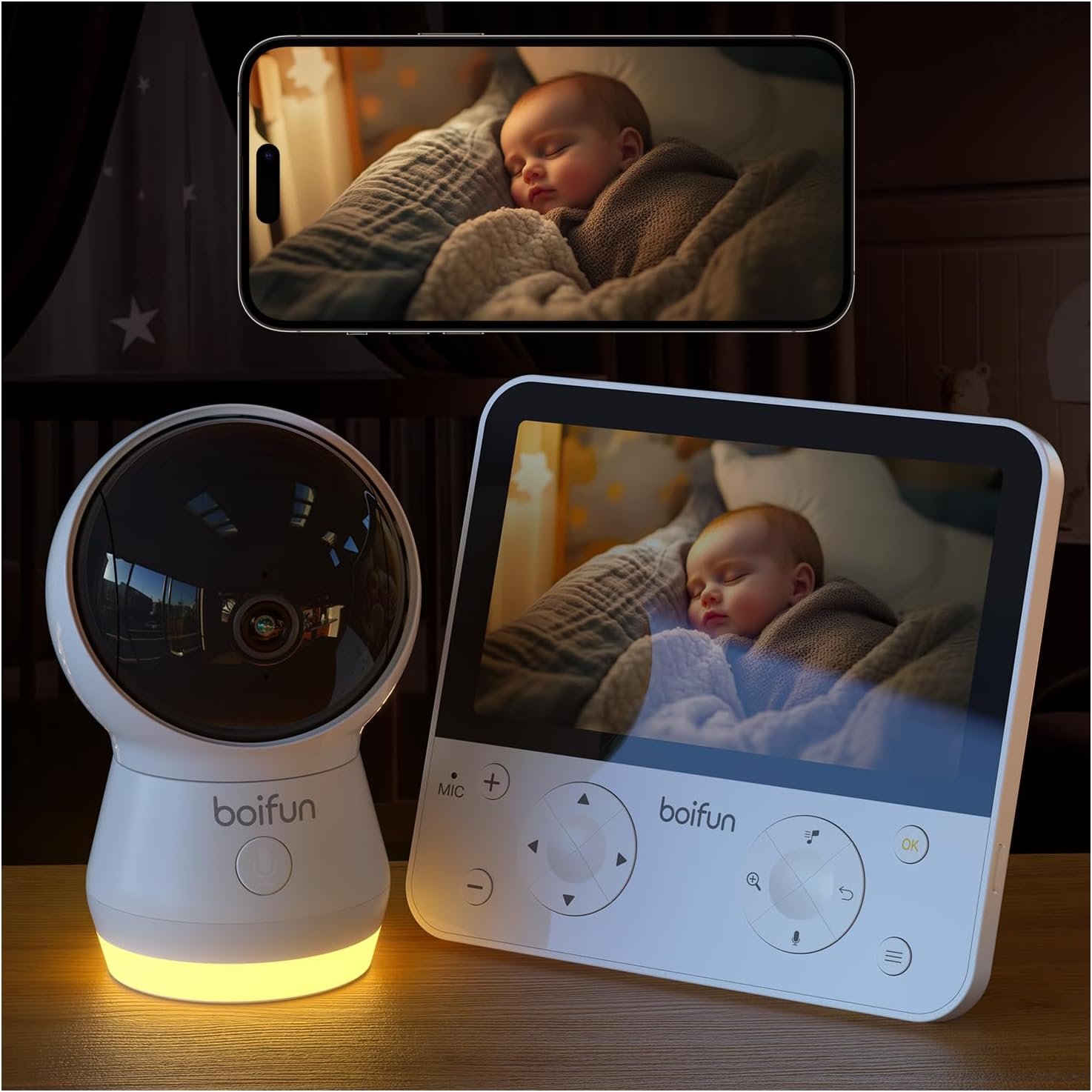 BOIFUN AI Baby Monitor with Camera and Audio, Safety Alerts (Tummy Sleeping & Face Area), WiFi Smartphone APP Control, Colorful Night Light, 2K HD Night Vision, Motion & Cry Detection, Two-Way Talk