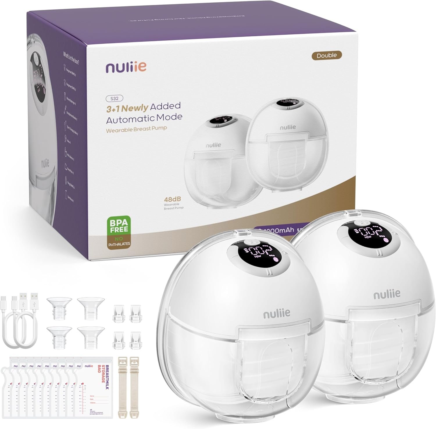Nuliie S32 Wearable Breast Pump Hands-Free, More Private Electric Pump, 4 Modes 9 Suction Levels, 24mm Flange with 18/21mm Inserts, Easy Clean & Anti-Leak Design, Accessories Included (2 Packs, White)
