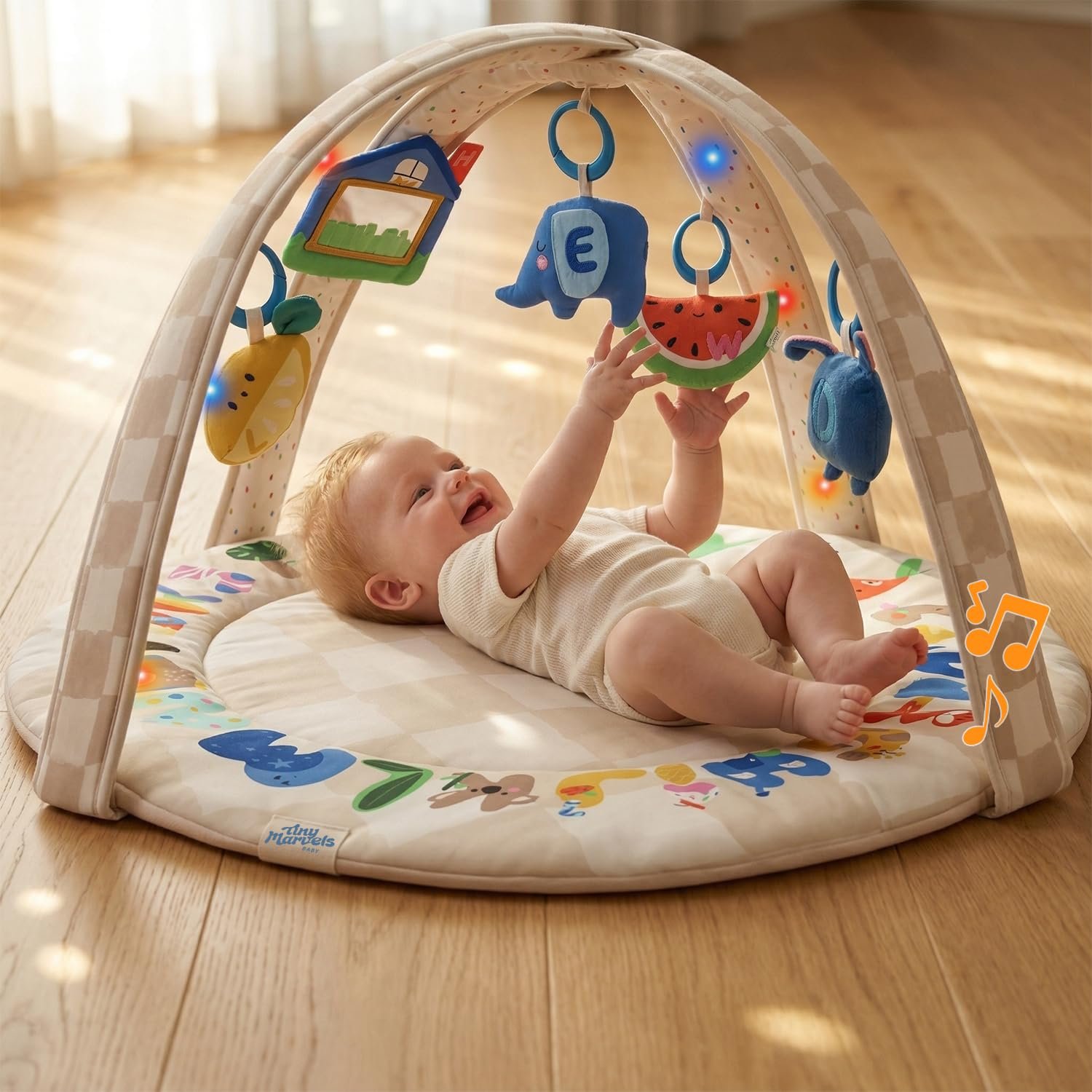 Baby Play Gym & Activity Mat with Light-up Musical Arch, Washable Tummy Time Mat with 6 Detachable Sensory Toys for Motor Skills, Baby Essentials Shower Gift – ABC123