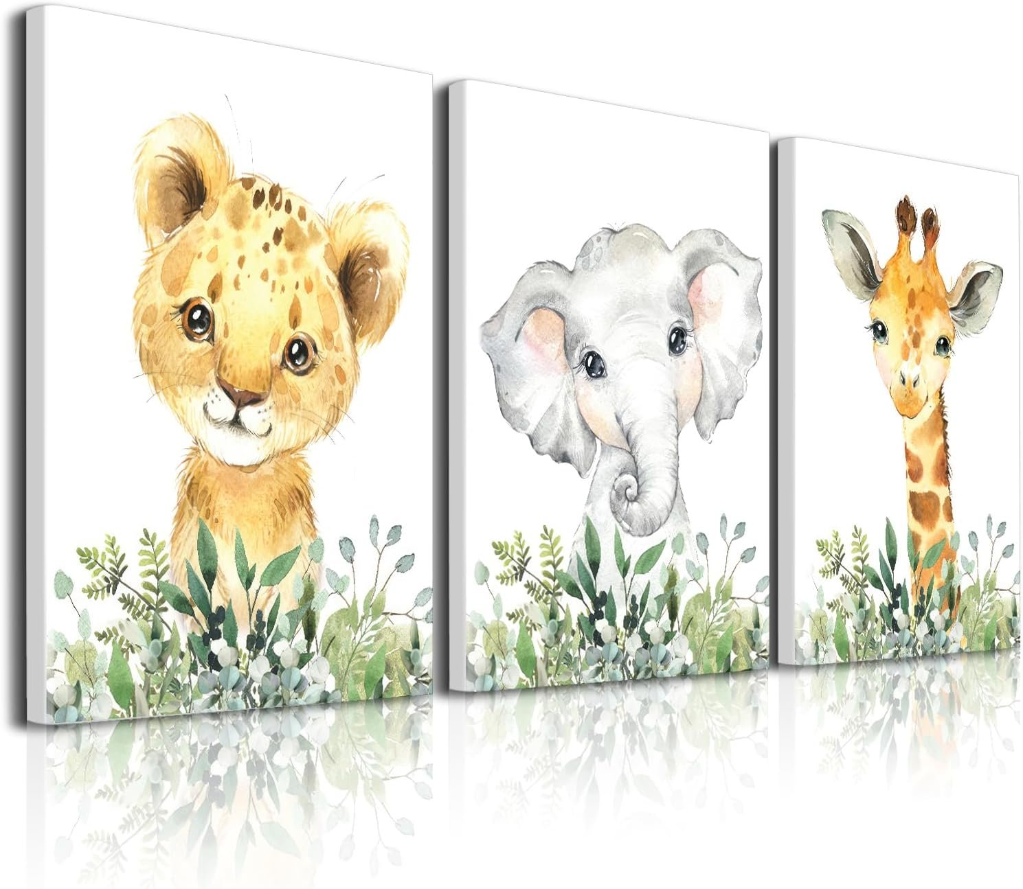 Baby Safari Nursery Wall Decor – Set of 3 Pictures Cute Animal Wall Prints on Canvas Jungle Nursery Safari Decor Gifts for Baby Boys and Girls Room, Framed Wall Art 12 x 16 Inch