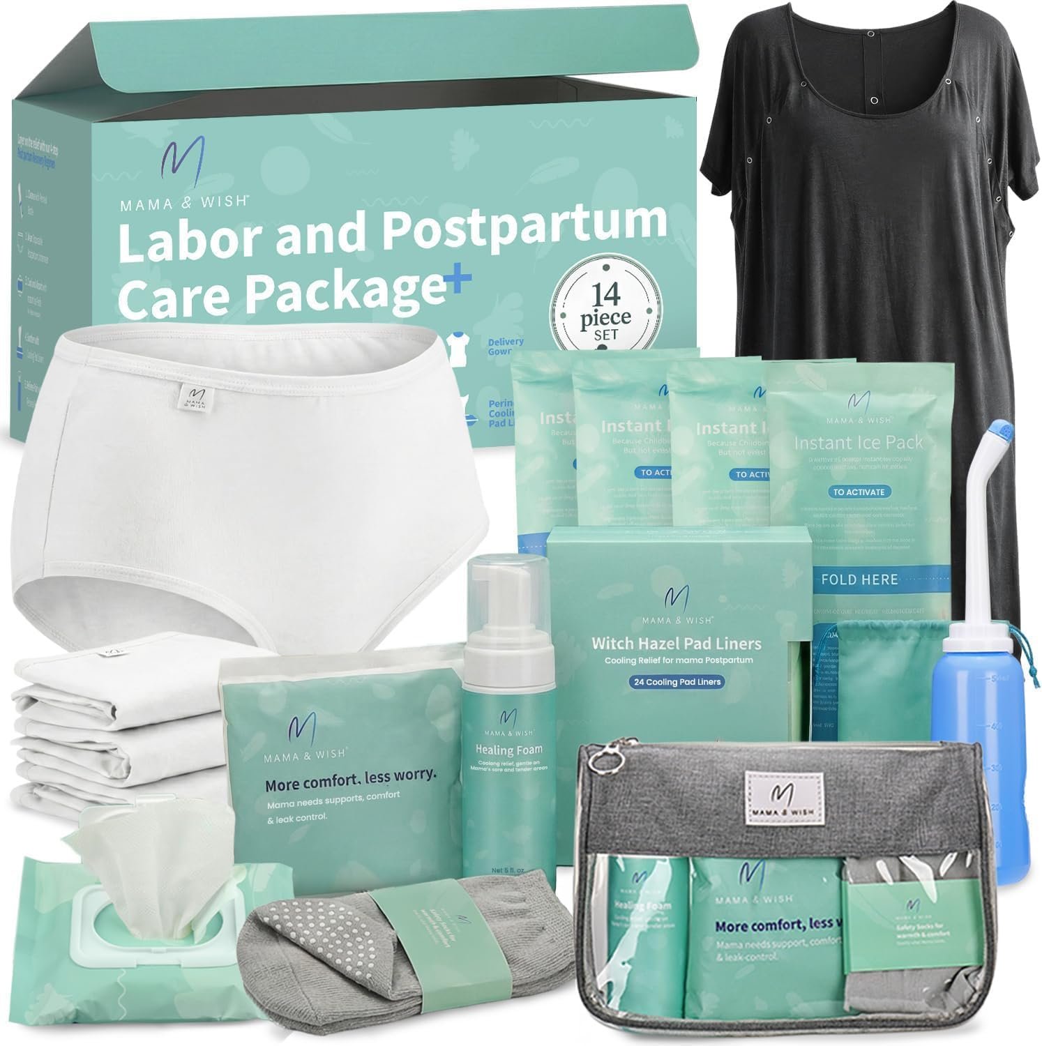 Mama & Wish® Postpartum Essentials Kit (14-Piece) – Includes Hospital Post Partum Essentials for Women After Birth, Labor and Delivery Gown, Peri Bottle, Witch Hazel Foam, Pad Liners & More!