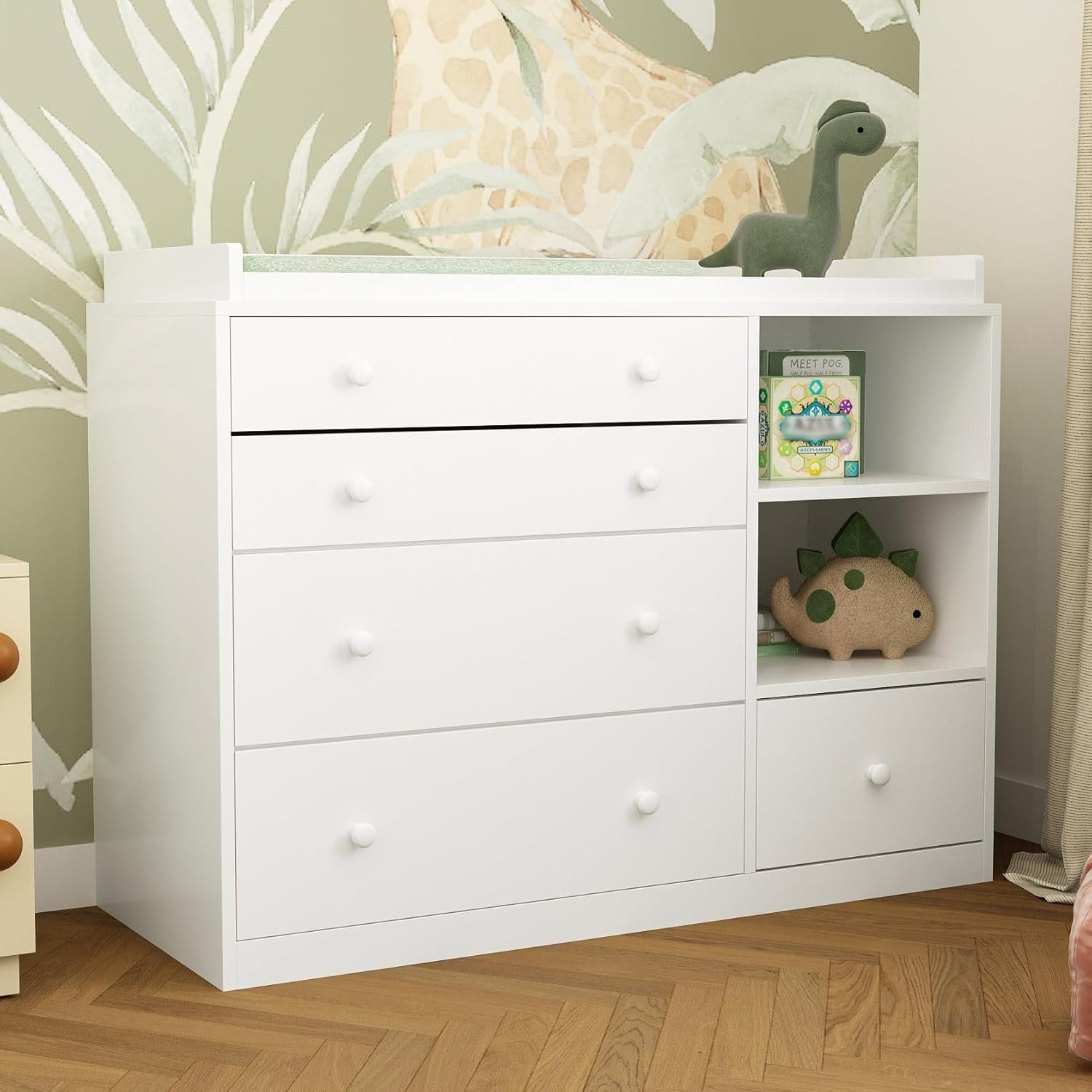 Timechee Changing Table Dresser, Baby Classic Nursery Dresser with 5 Drawers and 2 Shelves, Multi-Functional Baby Changing Table, Diaper Changing Station for Children’s Room, White