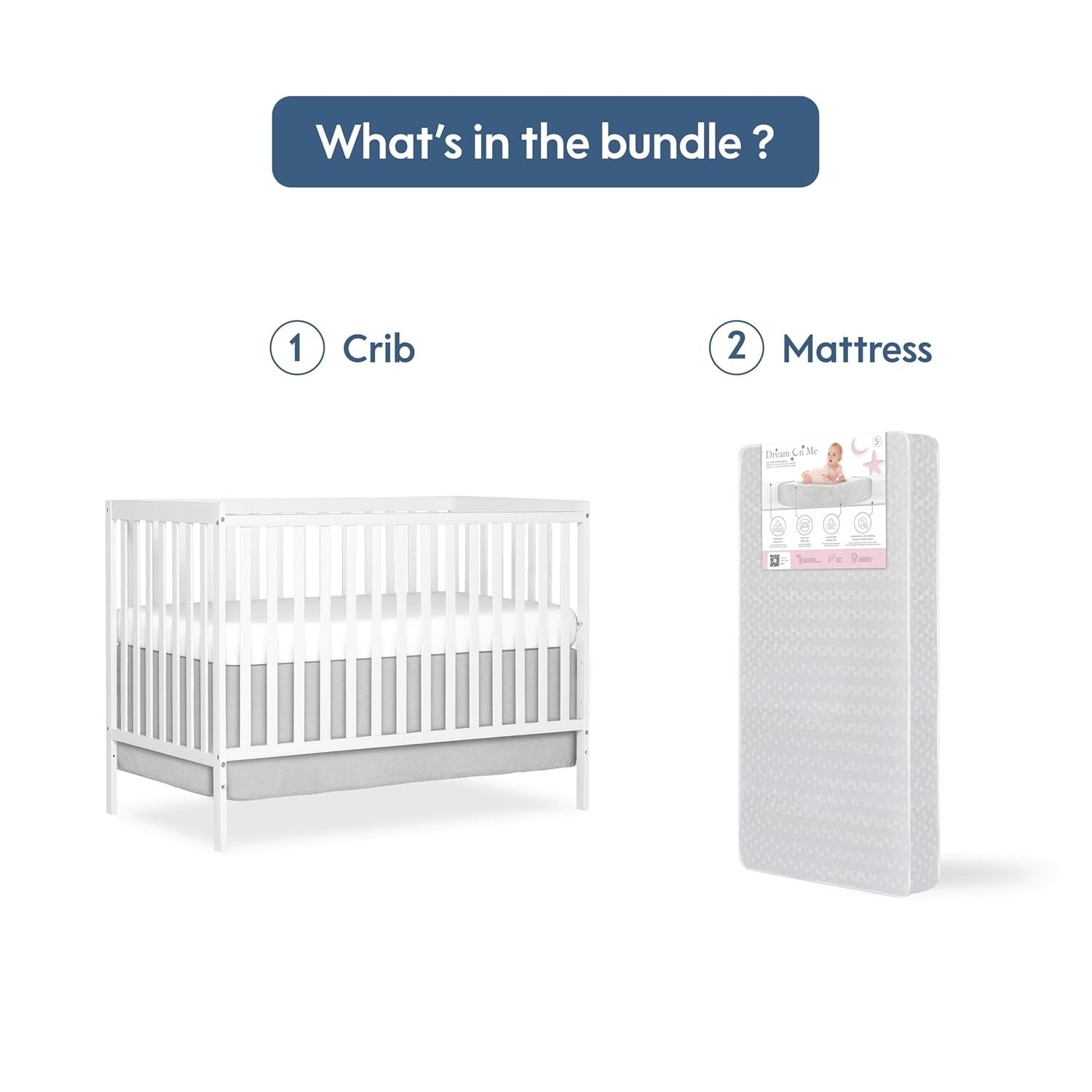 Bundle of Dream On Me Synergy 5-in-1 Convertible Crib & Honeycomb Orthopedic Full Size Crib Mattress, Greenguard Gold Certified, Adjustable Height, Firm Fiber Support, Waterproof Cover