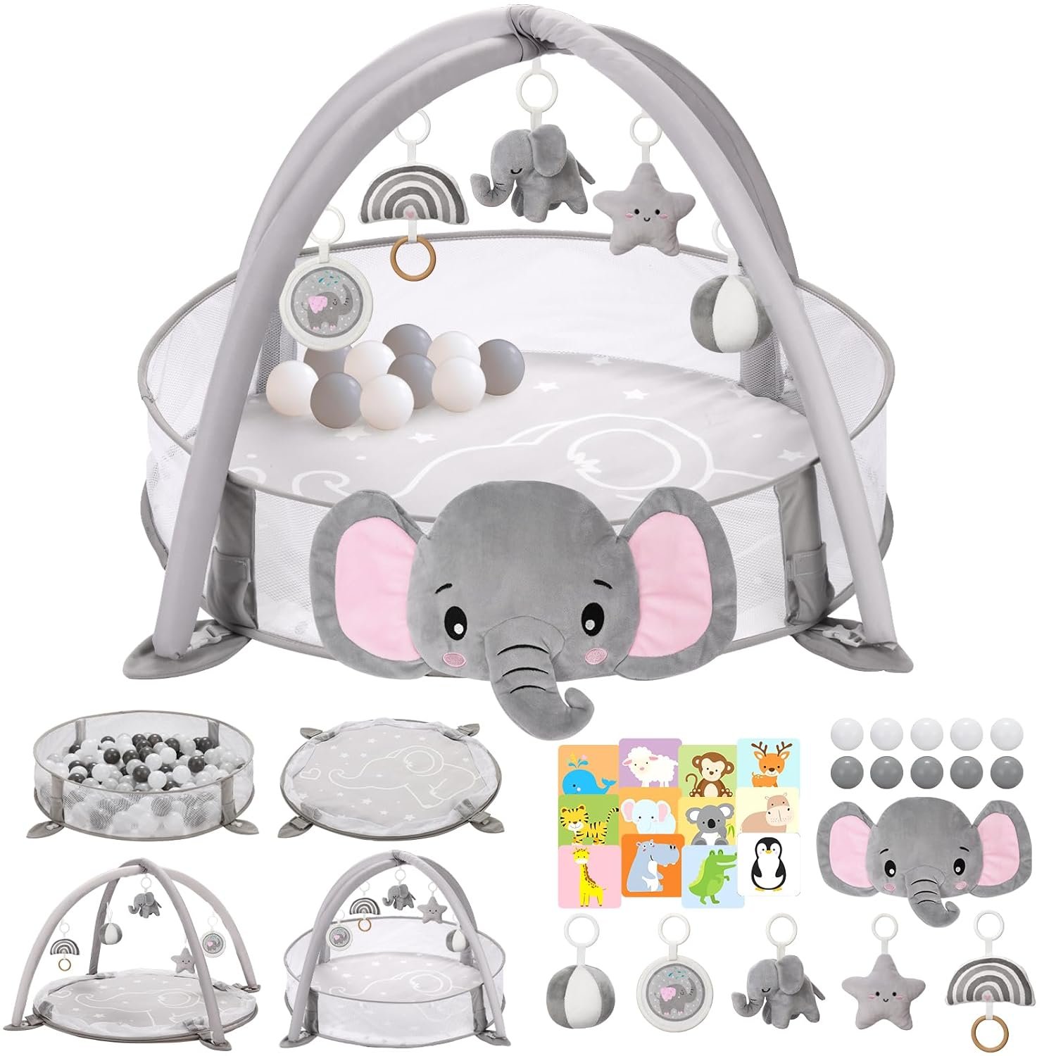 7-in-1 XL Large Baby Play Gym Mat, Tummy Time Mat, Baby Gym & Ball Pit, Baby Activity Mat with Milestone Cards & 6 Detachable Toys for Sensory Motor Skill, Elephant
