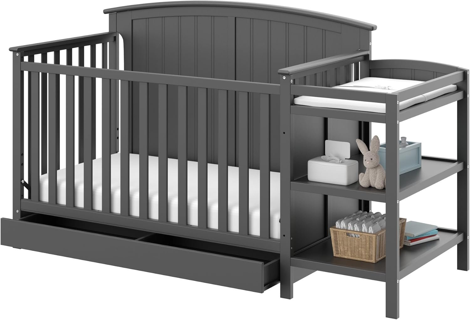 Storkcraft Steveston 5-in-1 Convertible Crib & Changer – GREENGUARD Gold Certified, Fits Standard Crib Mattress, Converts to Toddler Bed and Full Bed, 4 Adjustable Mattress Heights (Gray)
