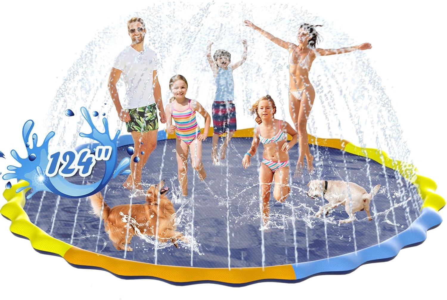 Instraella Splash Pad for Kids and Dogs, 124in Non-Slip Sprinkler Mat 0.5mm Thickened Durable and Foldable Large Pool Summer Fun Outdoor Toys for Dogs and Toddlers Age