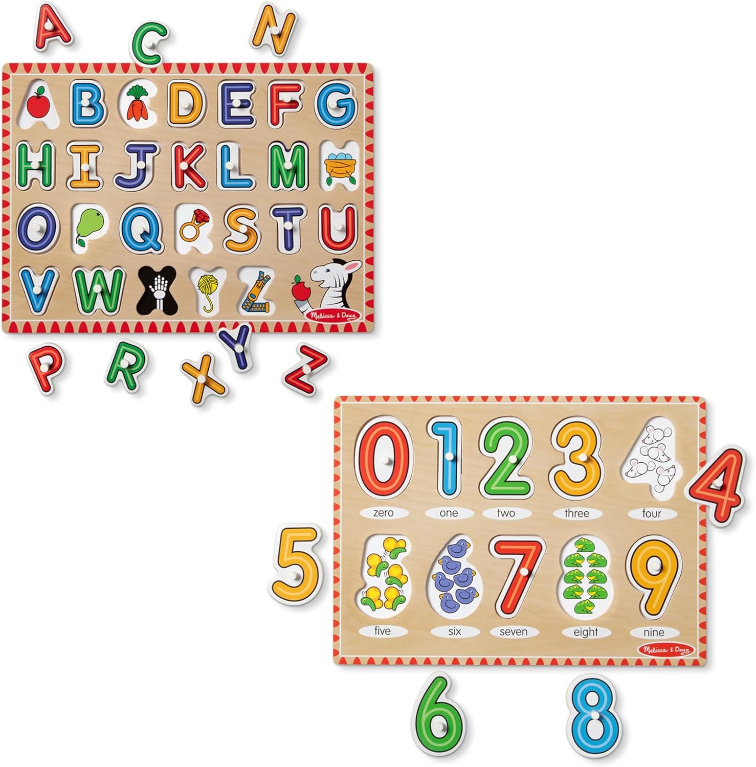 Melissa & Doug Wooden Lift & See Peg Puzzle Early Learning 2-Pack for Girls and Boys – Alphabet, Numbers