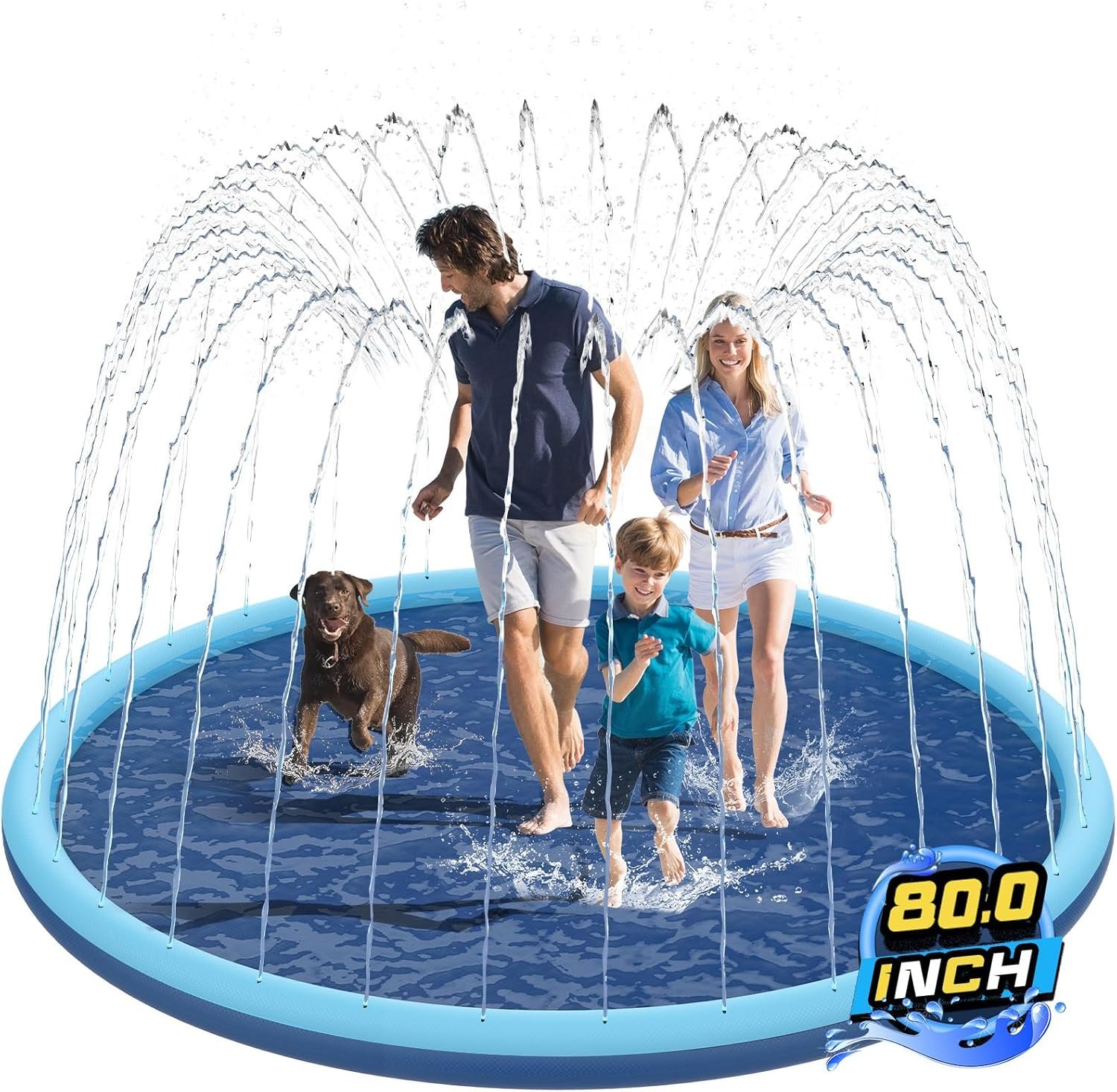 Non-Slip Splash Pad for Kids and Dog, 80″ Extra Large Baby Play Mat, Dog Pool Toys, Thicken Sprinkler Pool Summer Outdoor Water Toys for Ages 3-12 Boys Girls, Parent-Kids &Games Fun Backyard (Blue)