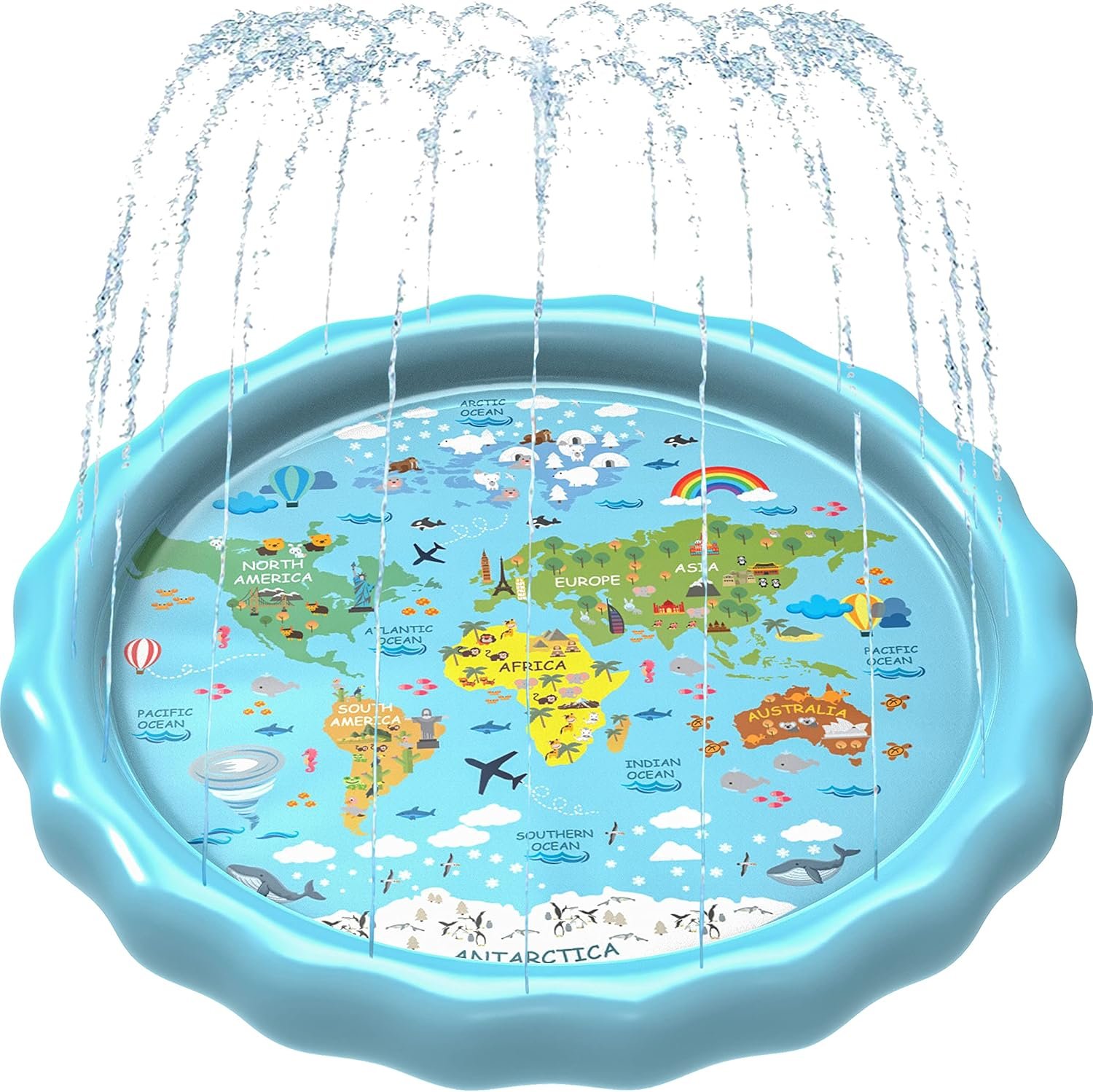 SplashEZ 3-in-1 Splash Pad, Sprinkler for Kids and Baby Pool for Learning – Children’s Sprinkler Pool, 60’’ Inflatable Water Summer Toys – “Around The World” Outdoor Play Mat for Babies & Toddlers
