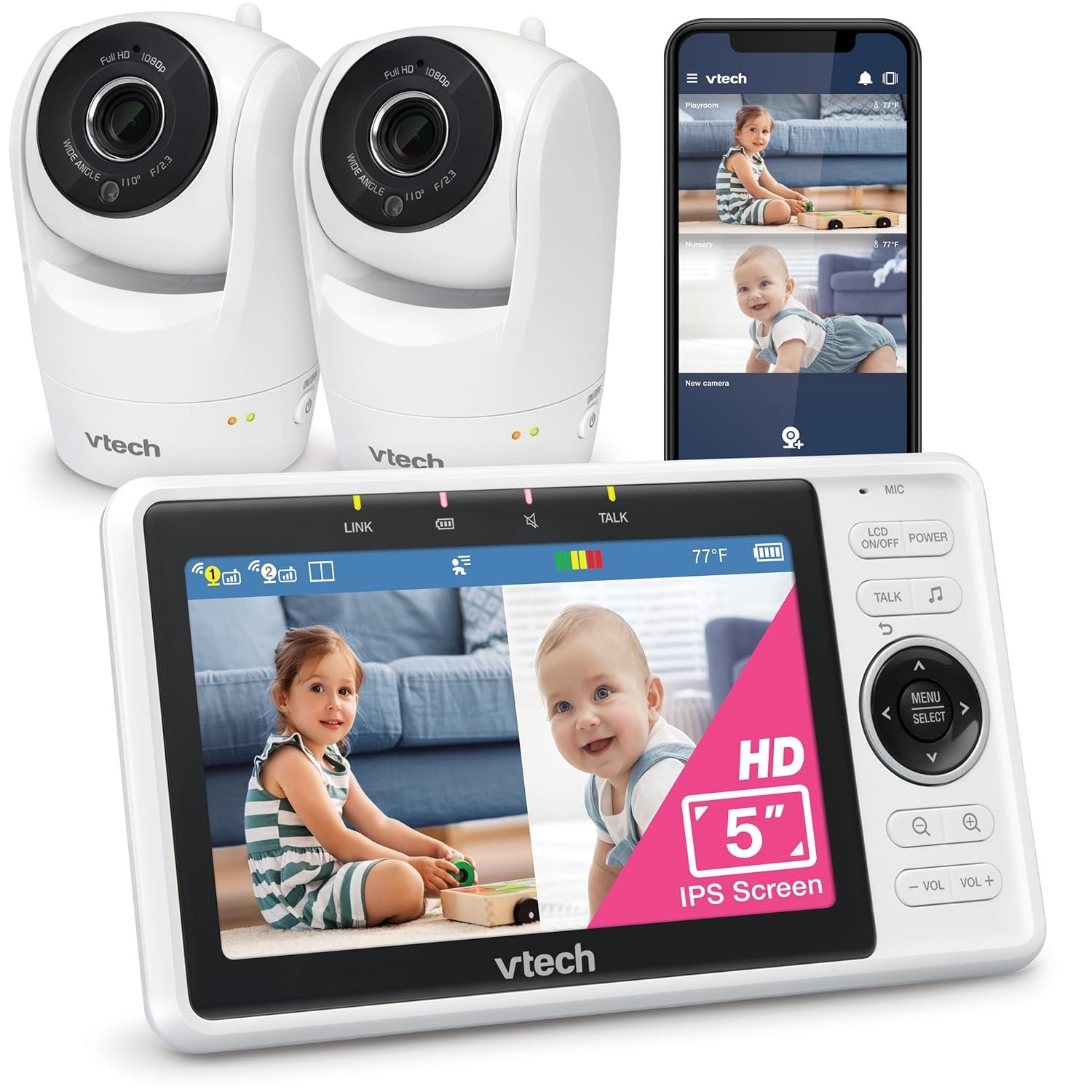 VTech 2-Cameras Smart WiFi Baby Monitor with 1080p FHD Camera and 5″ HD IPS Screen, Free App with Motion Video, Sound/Motion Detection and Notifications, Split-Screen, Pan-Tilt-Zoom: VM901-2HD