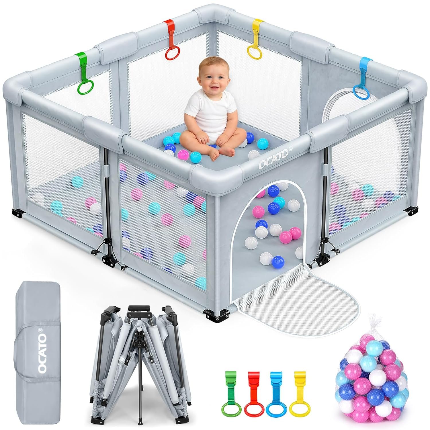 OCATO Baby Playpen: Foldable Playpen for Babies and Toddlers Large Play Pen Portable Playpen Fence Indoor Outdoor Kids Safety Area Travel Play Yard with 1 Storage Bag 4 Handlers 50 Balls (50″ × 50″)