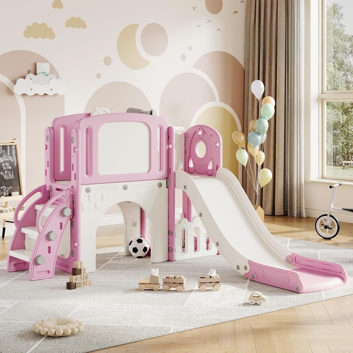Garvee 8-in-1 Toddler Slide Indoor & Outdoor Playground Playset for Kids-Includes Climber, Basketball Hoop, Telescope, Tunnel, and Storage Space for Backyard & Courtyard Fun