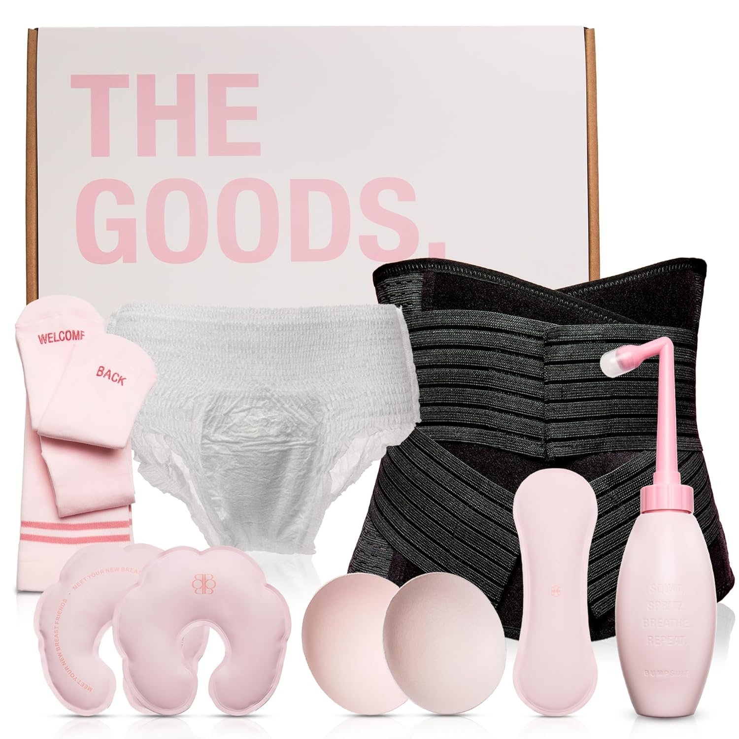 The Goods Postpartum Recovery Kit for New Moms – Labor, Delivery & Perineal Essentials with Core Support Binder, Diapers, Peri Bottle, and Soothing Pads