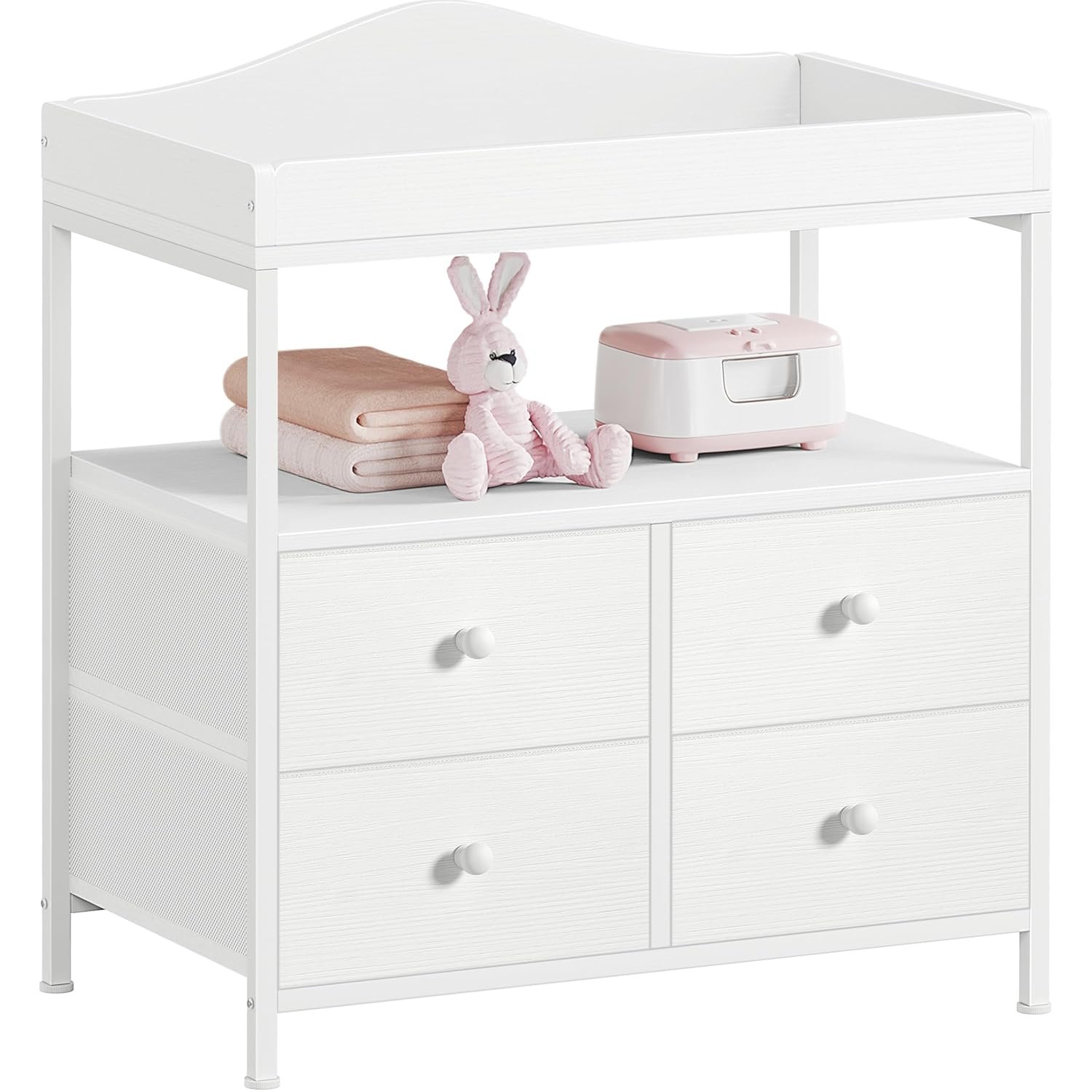 BOLUO Changing Table Dresser with 4 Fabric Drawers and Open Shelf, Baby Dresser with Changing Table Top Diaper Changing Station with Storage for Nursery Modern (White)