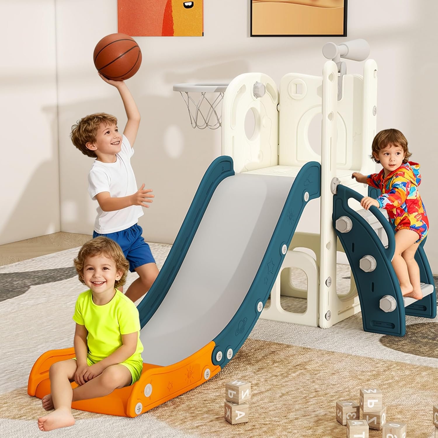6 in 1 Toddler Slide, Kids Slider for 1-3, Indoor Outdoor Playset Playground with Basketball Hoop, Storage, Climber and Telescope, Great Gift for Baby & Child, Green and Yellow